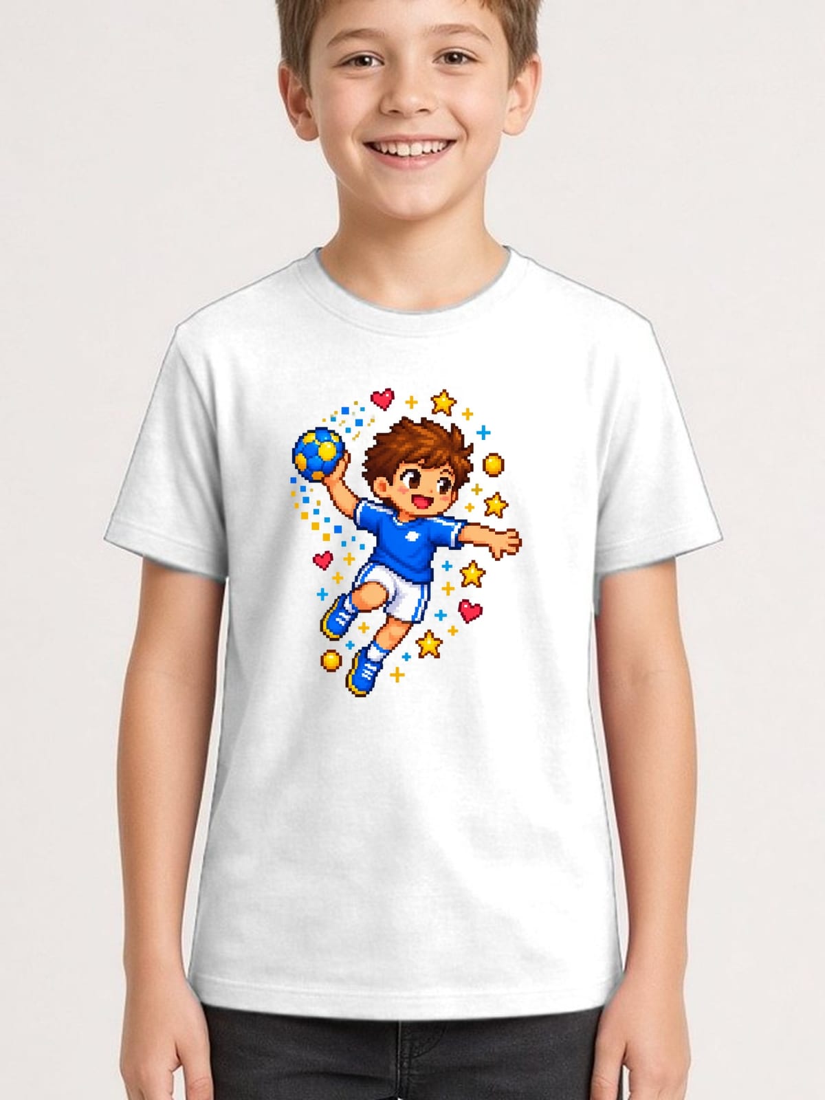 Koszulka z piłką ręczną pixel art dla chłopca biała, zdjęcie 1