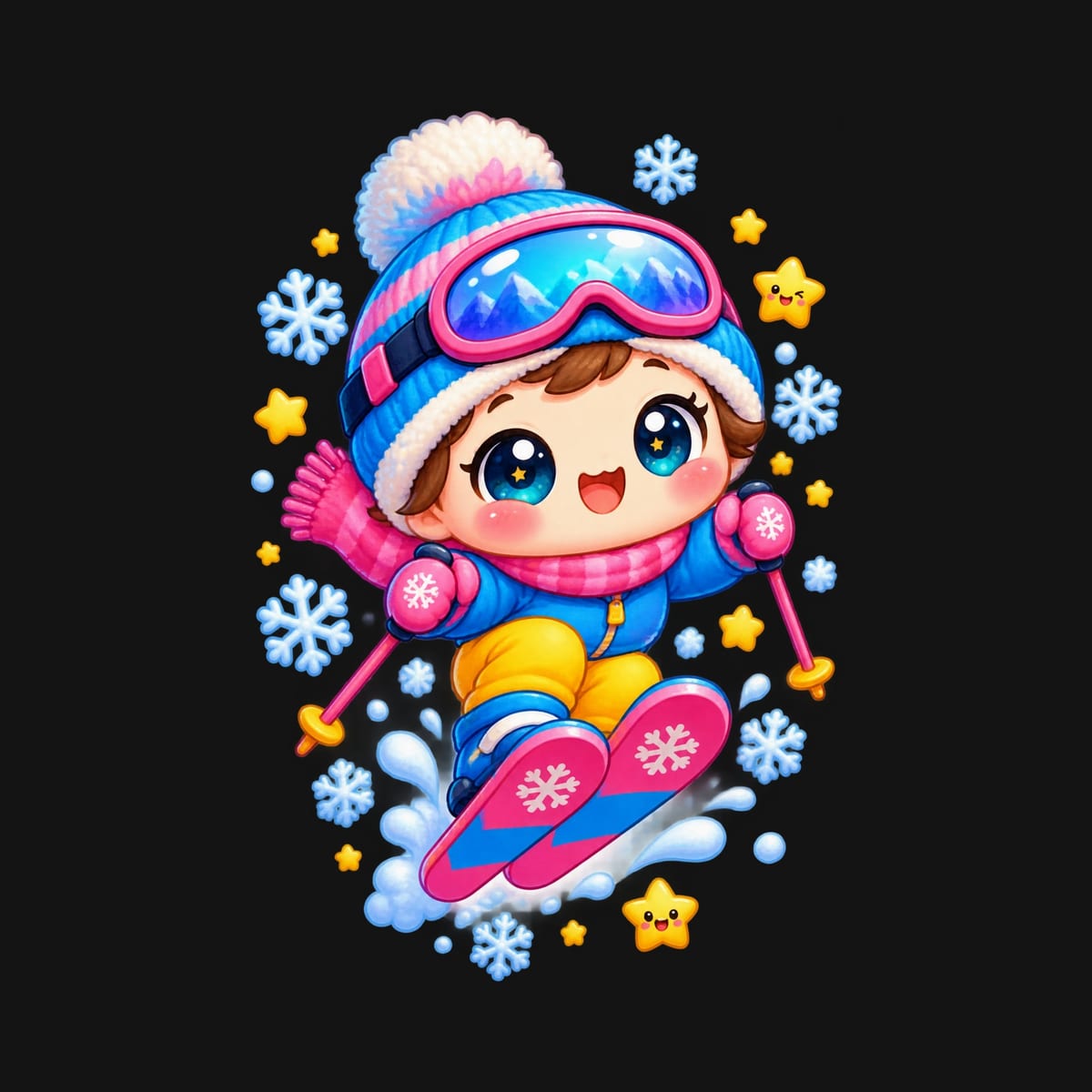 Koszulka z narciarzem dla dziewczynki czarna słodki kawaii, zdjęcie 2