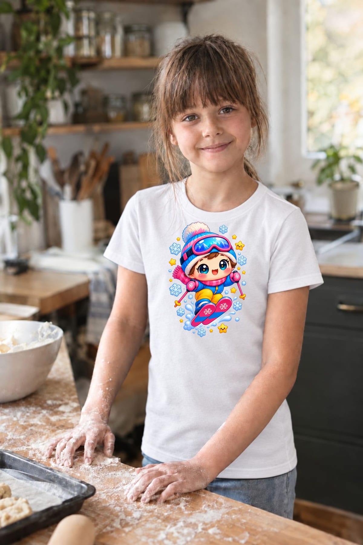 Koszulka z narciarzem dla dziewczynki biała słodki kawaii, zdjęcie 8