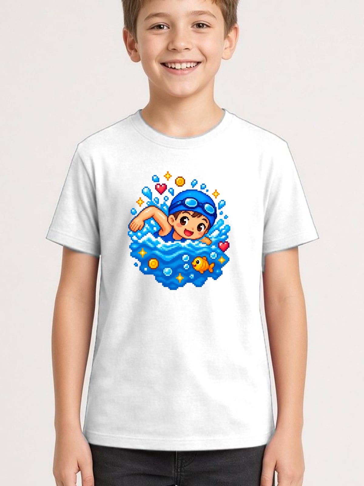 Koszulka z pływakiem pixel art dla chłopca biała dla dzieci, zdjęcie 1