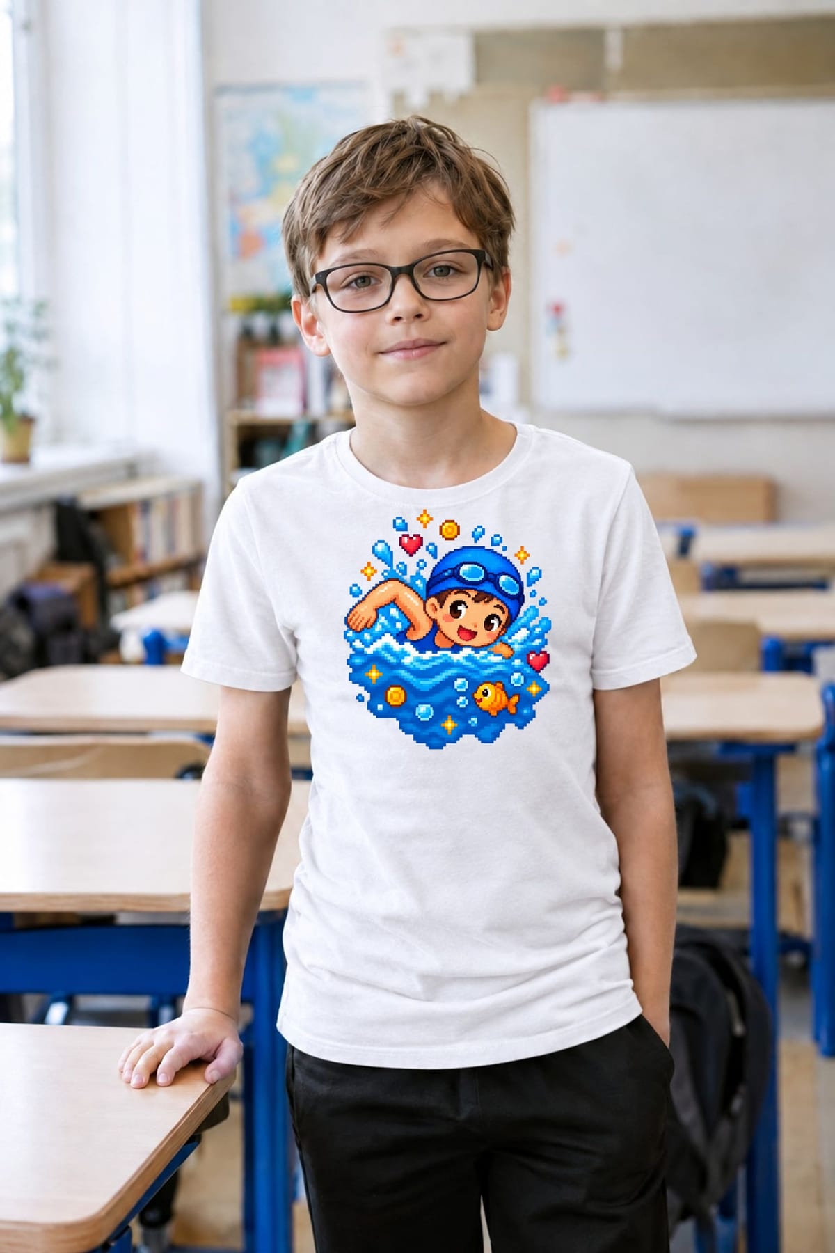 Koszulka z pływakiem pixel art dla chłopca biała dla dzieci, zdjęcie 3