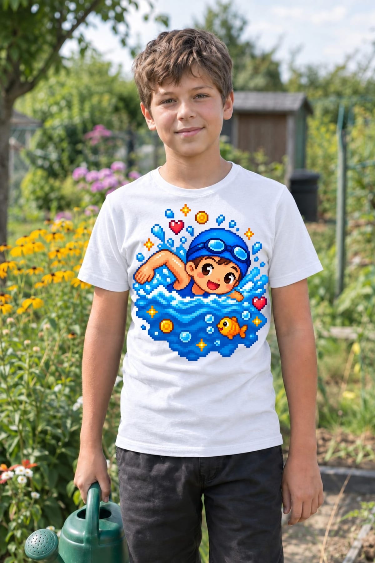 Koszulka z pływakiem pixel art dla chłopca biała dla dzieci, zdjęcie 7