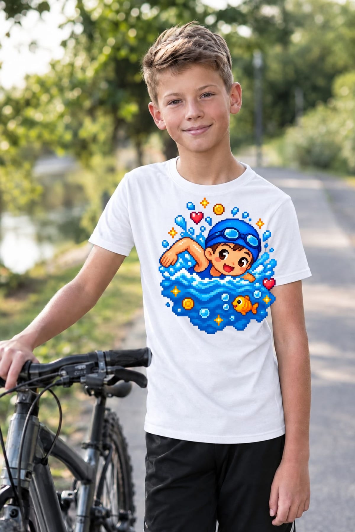 Koszulka z pływakiem pixel art dla chłopca biała dla dzieci, zdjęcie 8