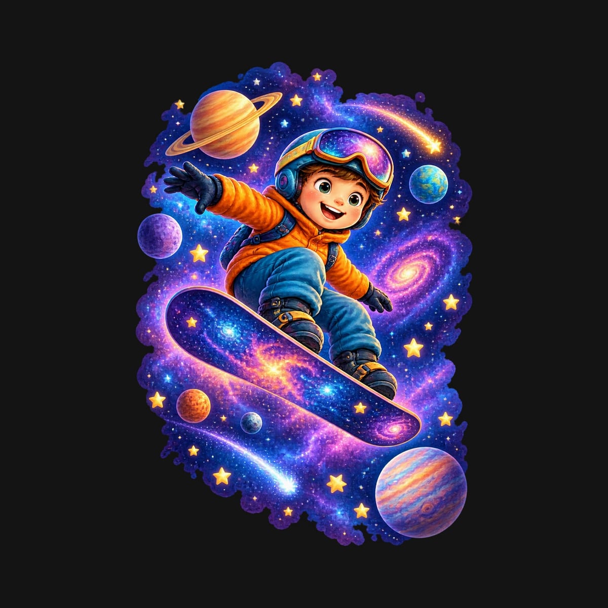 Koszulka ze snowboardzistą w kosmosie dla chłopca czarna z planetami, zdjęcie 2
