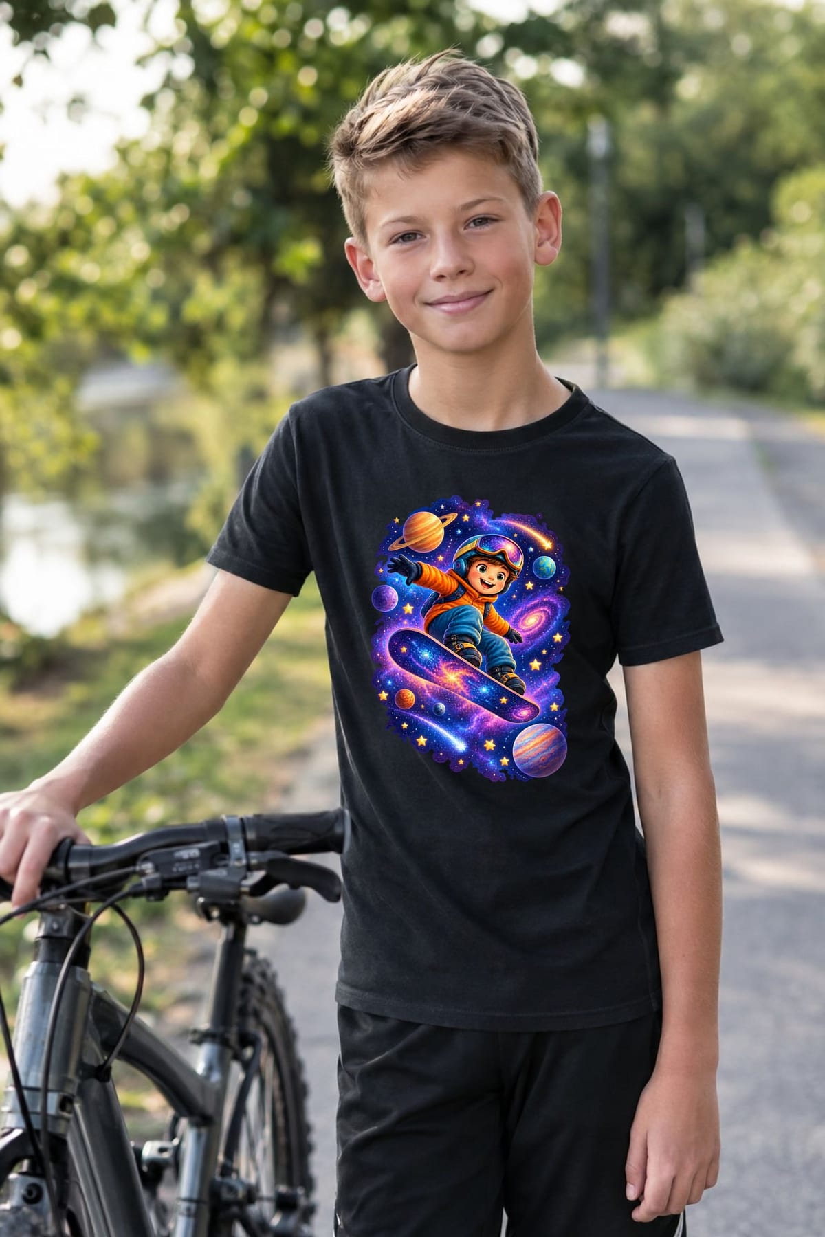 Koszulka ze snowboardzistą w kosmosie dla chłopca czarna z planetami, zdjęcie 6