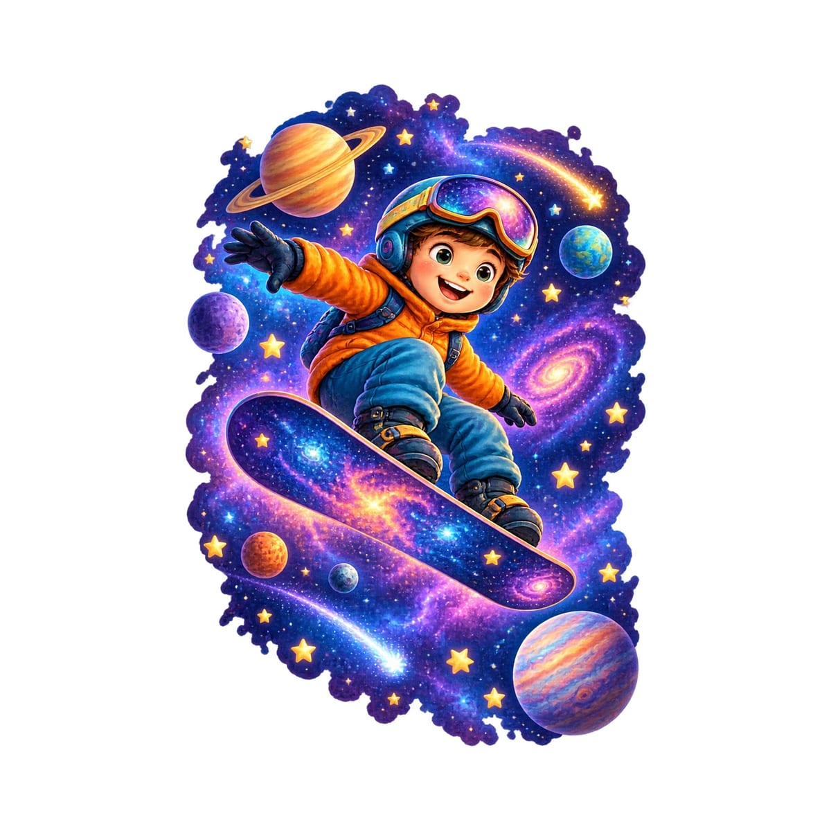 Koszulka ze snowboardzistą w kosmosie dla chłopca biała z planetami, zdjęcie 2