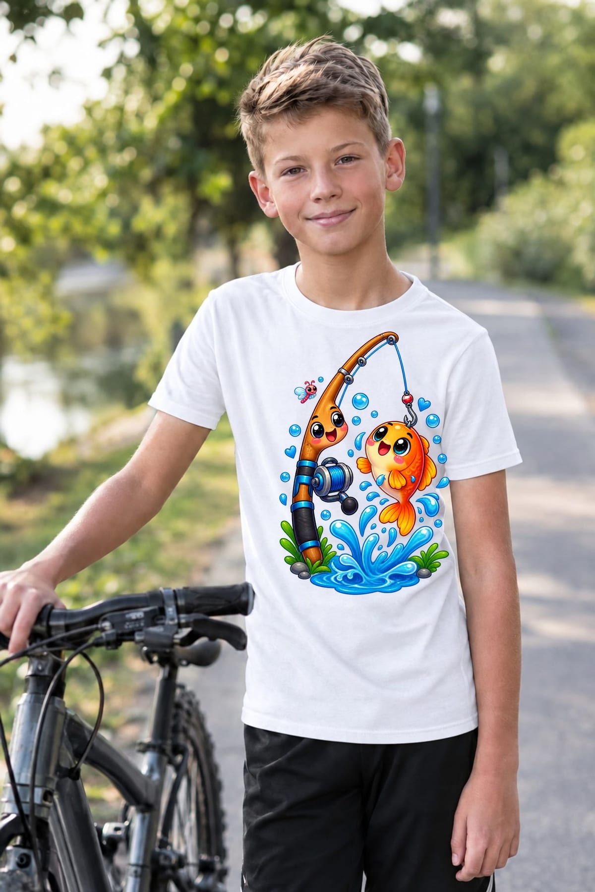 Koszulka z wędką dla chłopca biała słodki styl kawaii, zdjęcie 6