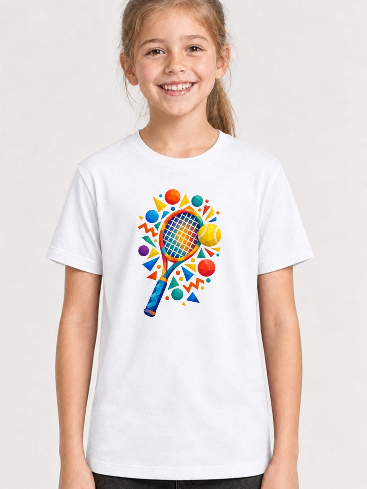 Koszulka tenis geometryczny dla dziewczynki biała geometryczne kształty, zdjęcie 1