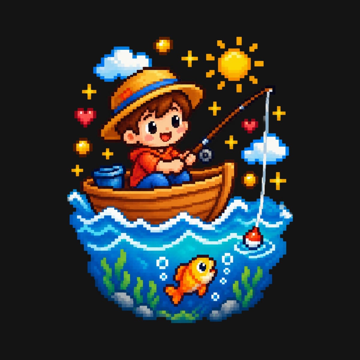 Koszulka z wędkarzem pixel art dla chłopca czarna dla dzieci, zdjęcie 2