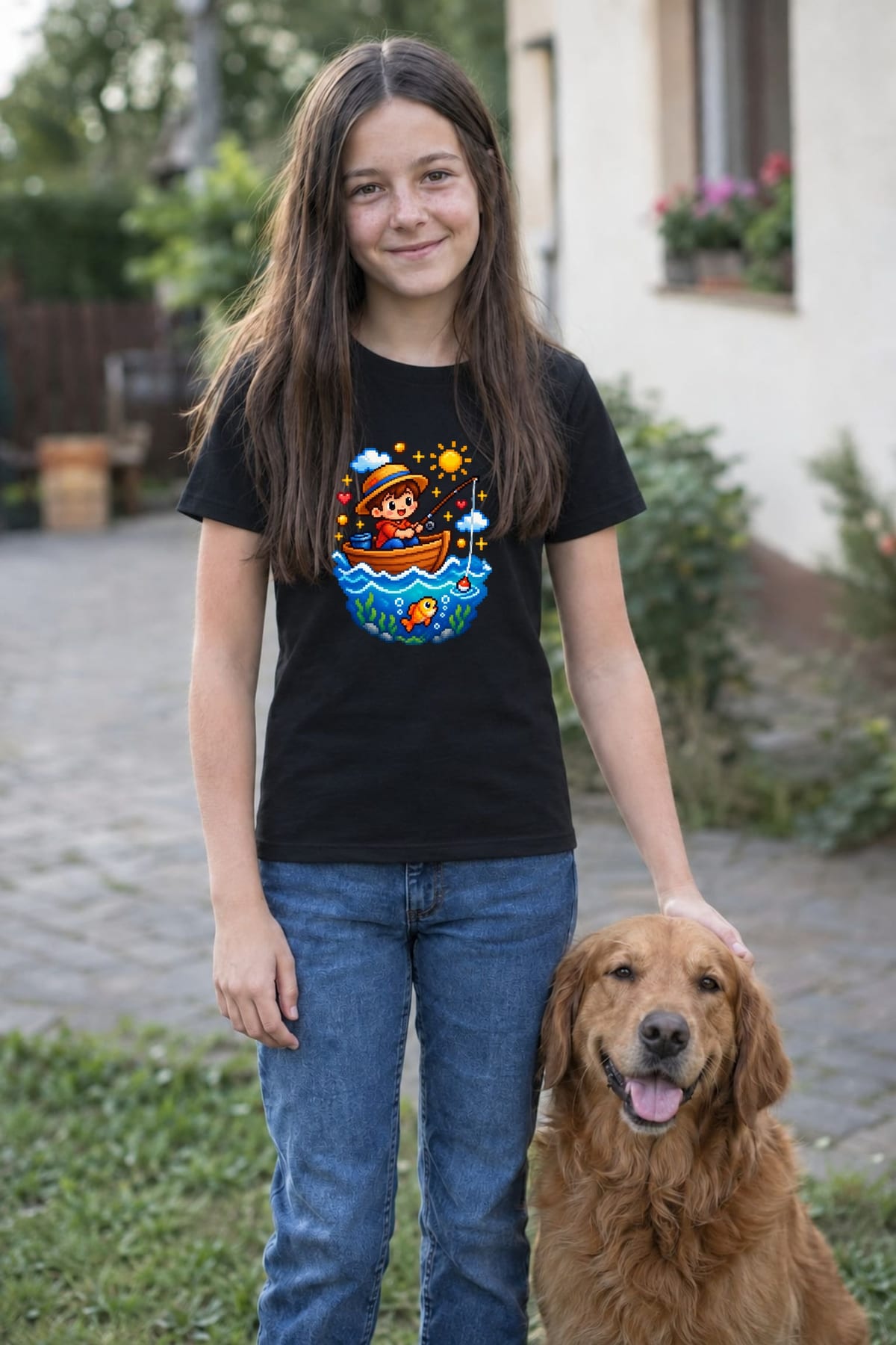 Koszulka z wędkarzem pixel art dla dziewczynki czarna, zdjęcie 6