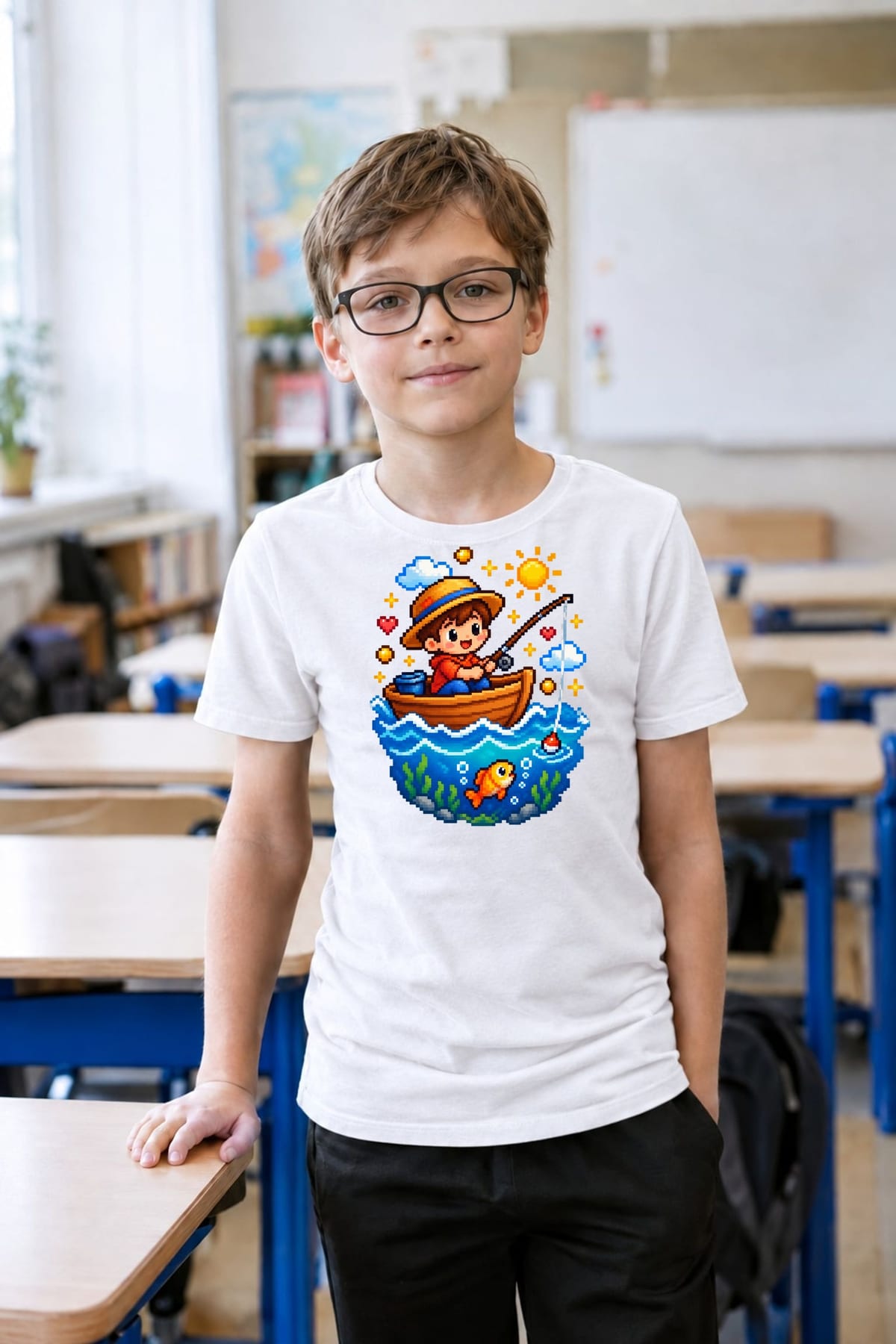 Koszulka z wędkarzem pixel art dla chłopca biała dla dzieci, zdjęcie 4