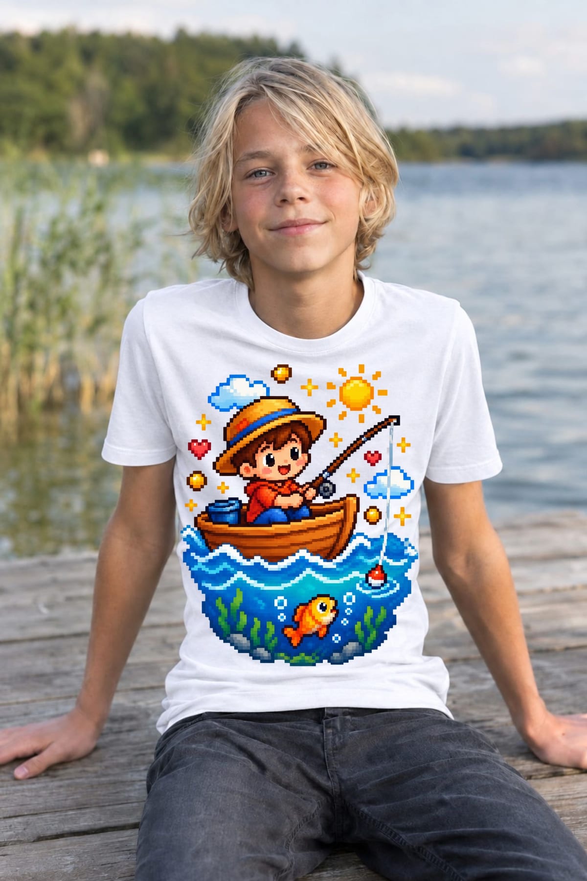 Koszulka z wędkarzem pixel art dla chłopca biała dla dzieci, zdjęcie 8