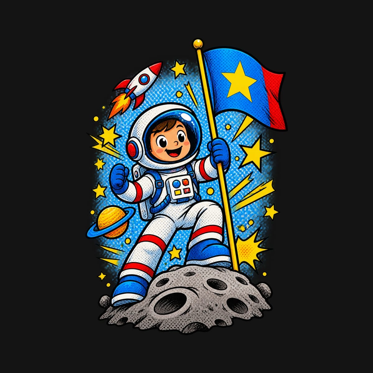 Koszulka z astronautą dla chłopca czarna komiksowa dynamika, zdjęcie 2
