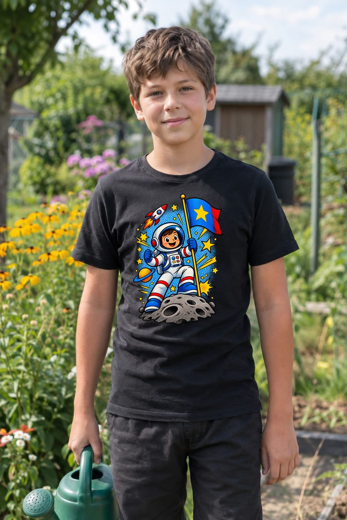 Koszulka z astronautą dla chłopca czarna komiksowa dynamika, zdjęcie 4