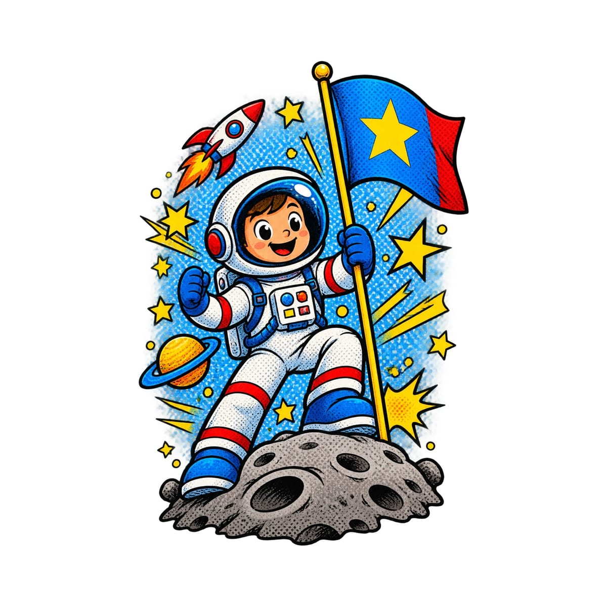 Koszulka z astronautą dla chłopca biała komiksowa dynamika, zdjęcie 2
