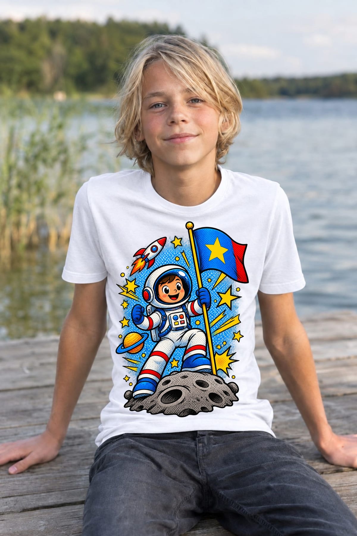 Koszulka z astronautą dla chłopca biała komiksowa dynamika, zdjęcie 4