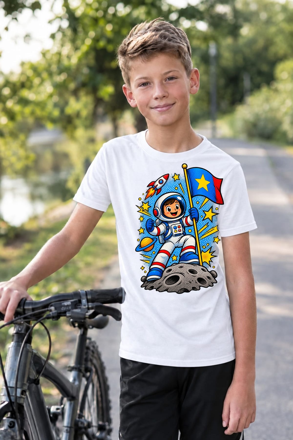 Koszulka z astronautą dla chłopca biała komiksowa dynamika, zdjęcie 8