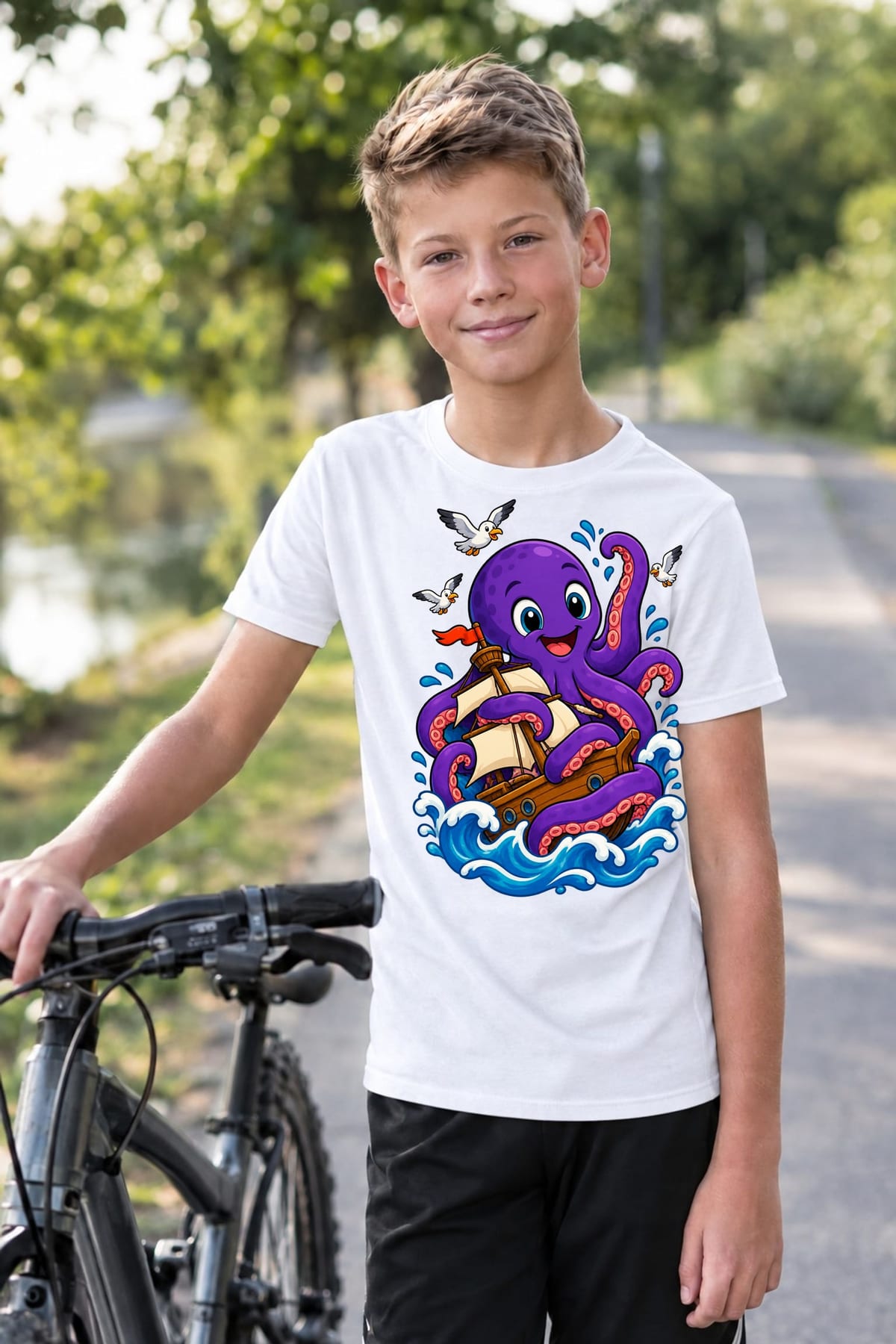 Koszulka z krakenem dla chłopca biała wesoła bajkowa scena, zdjęcie 4