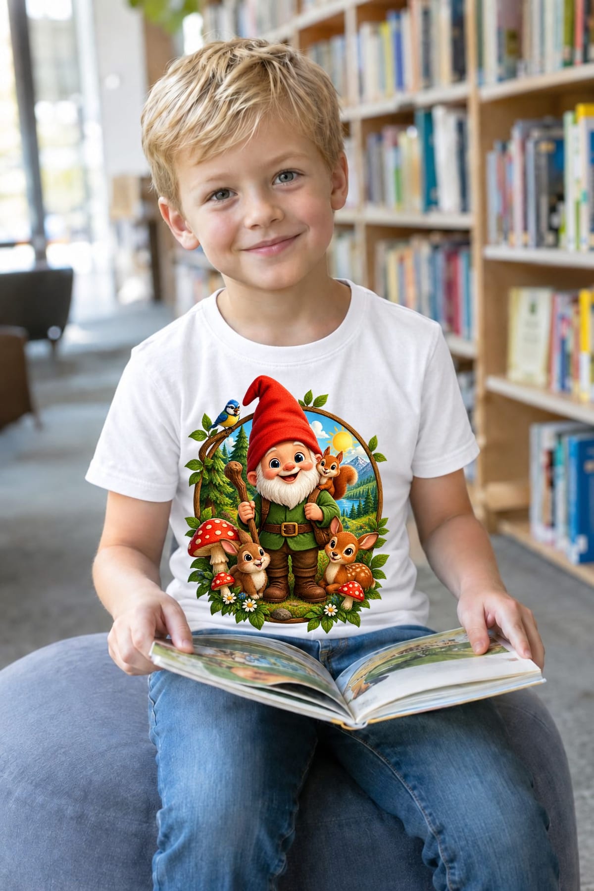 Koszulka z gnomem w okrągłej scenie dla chłopca biała, zdjęcie 7