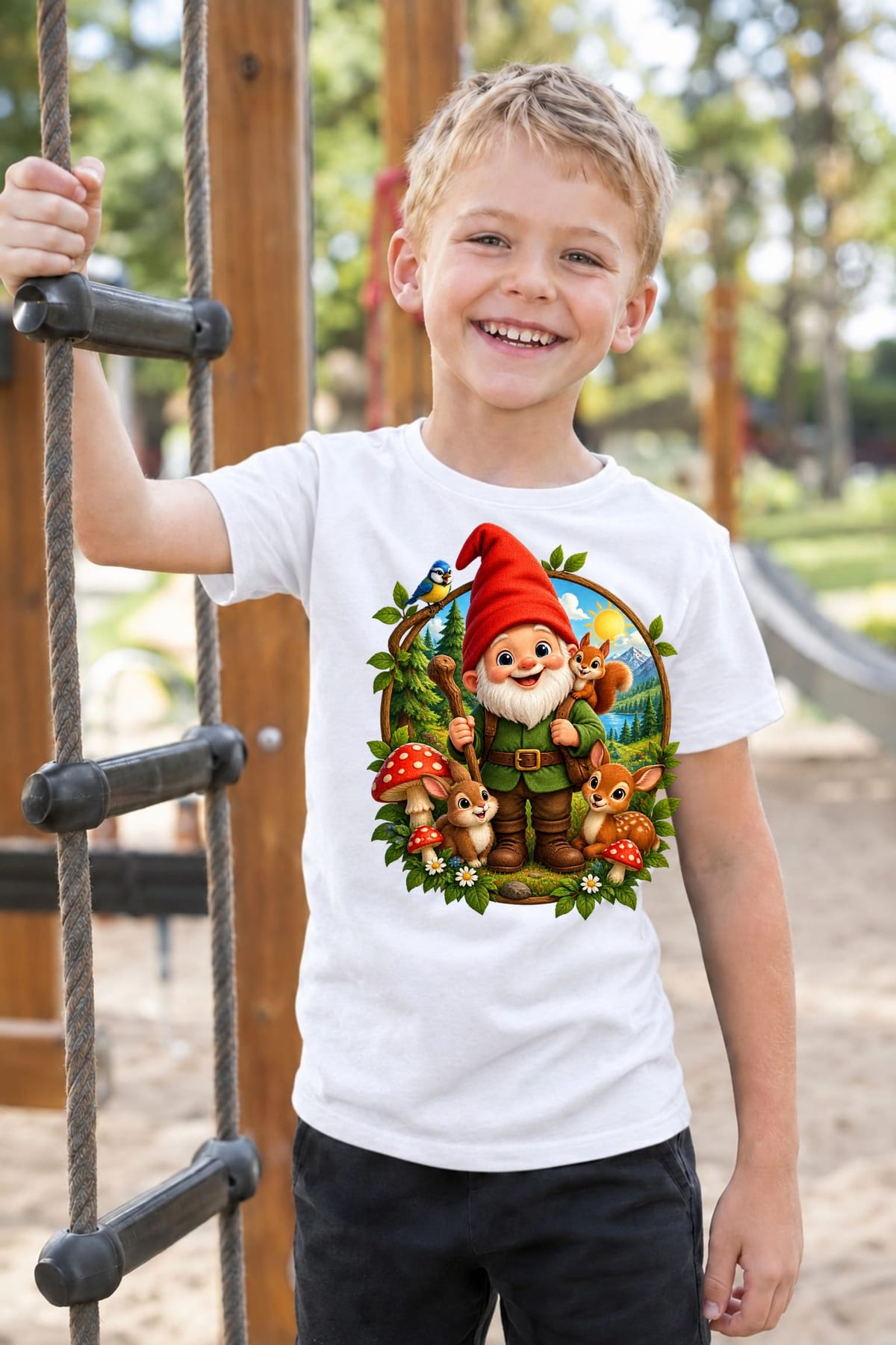 Koszulka z gnomem w okrągłej scenie dla chłopca biała, zdjęcie 8