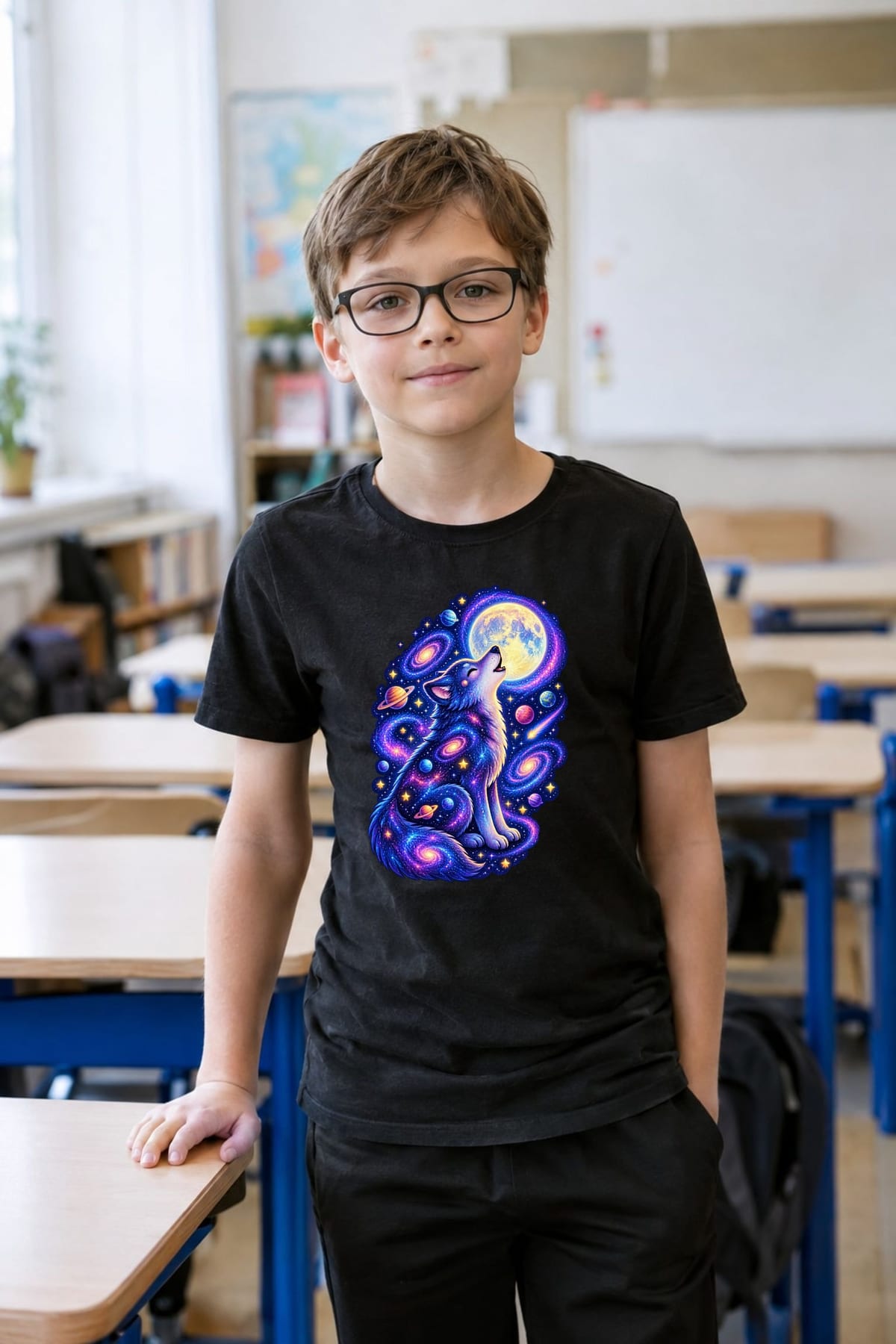 Koszulka z wilkołakiem kosmicznym dla chłopca czarna z planetami, zdjęcie 7