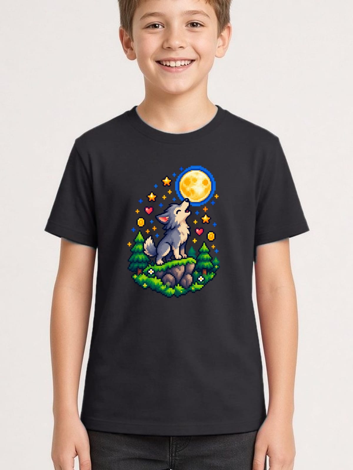 Koszulka z wilkołakiem pixel art dla chłopca czarna dla dzieci, zdjęcie 1