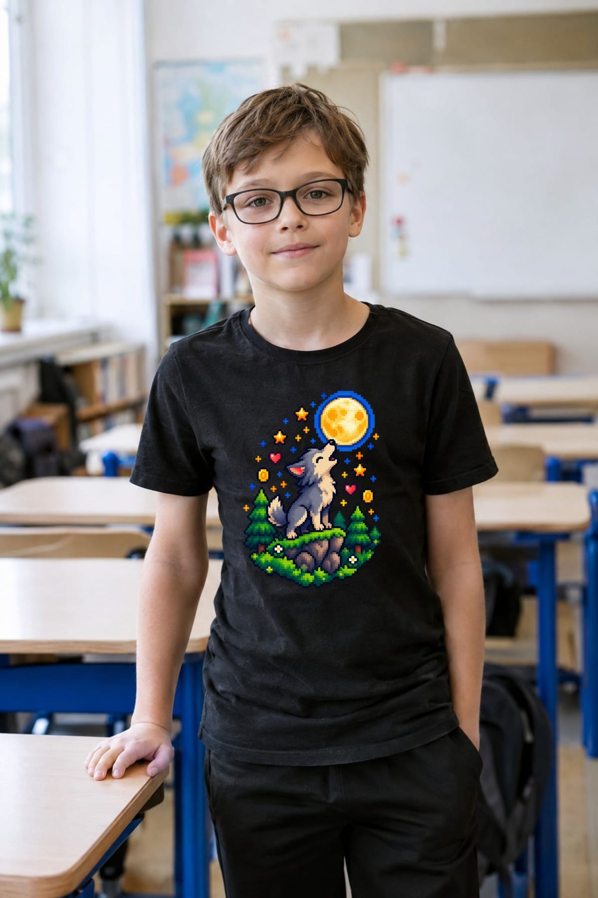 Koszulka z wilkołakiem pixel art dla chłopca czarna dla dzieci, zdjęcie 8