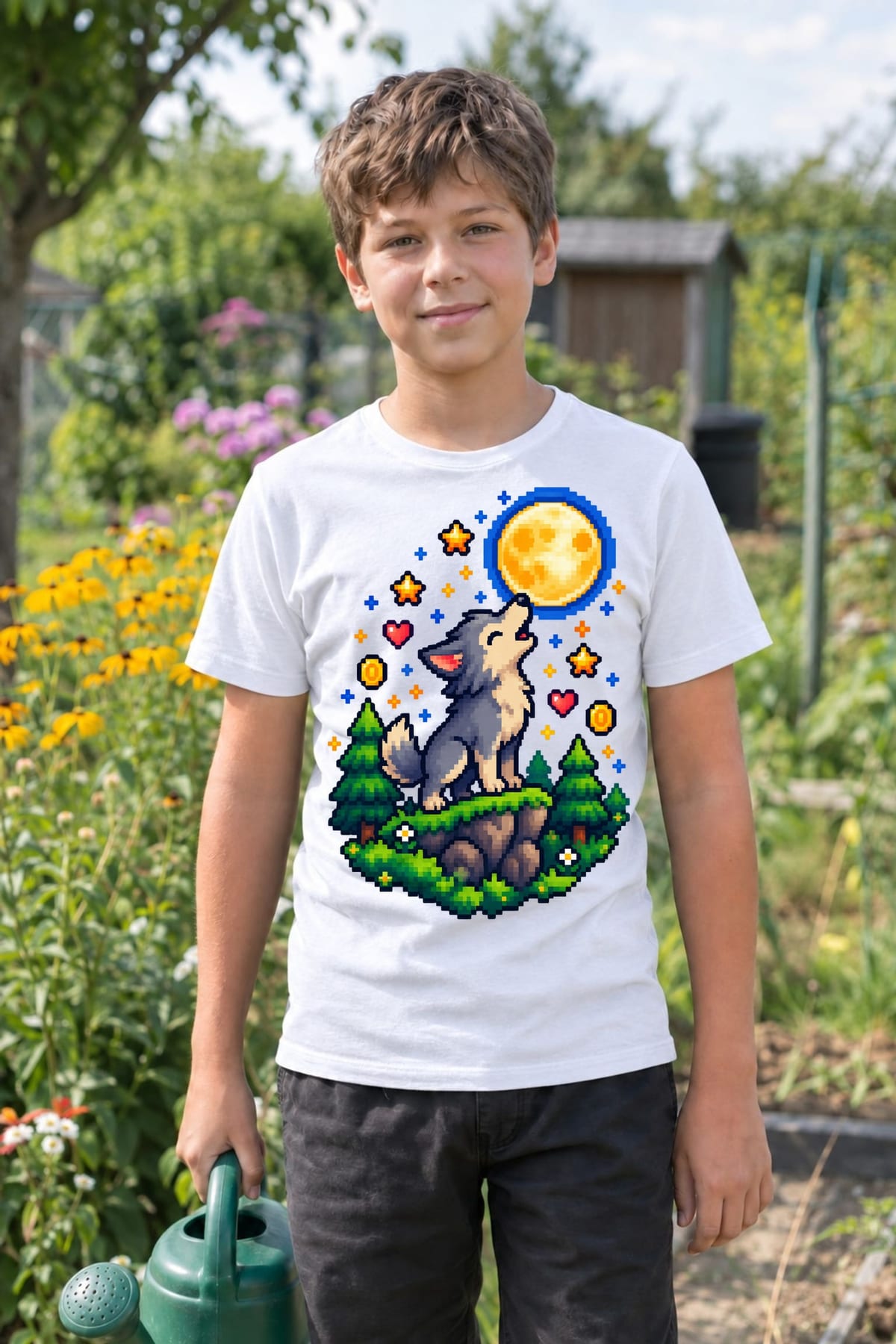 Koszulka z wilkołakiem pixel art dla chłopca biała dla dzieci, zdjęcie 3