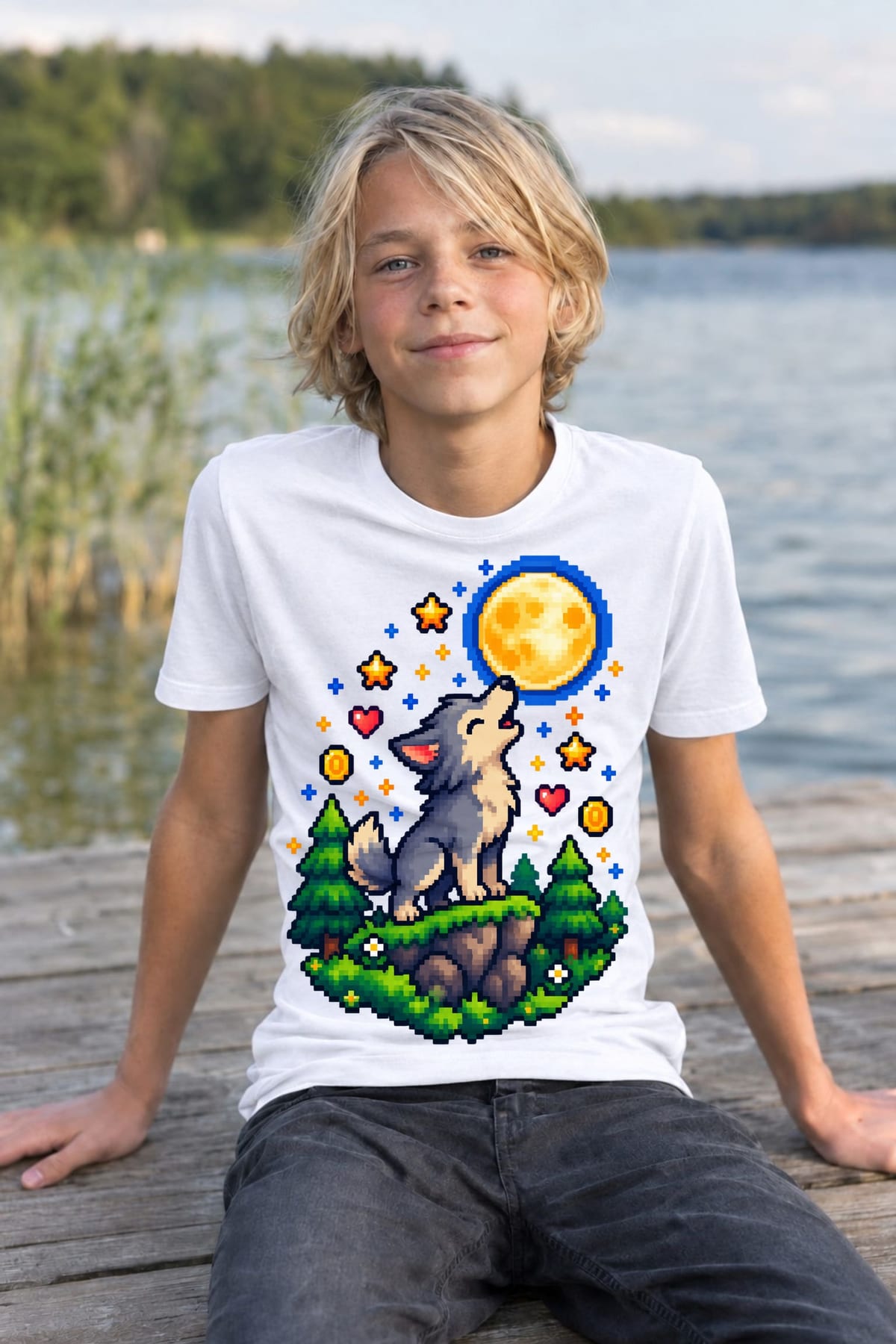 Koszulka z wilkołakiem pixel art dla chłopca biała dla dzieci, zdjęcie 4