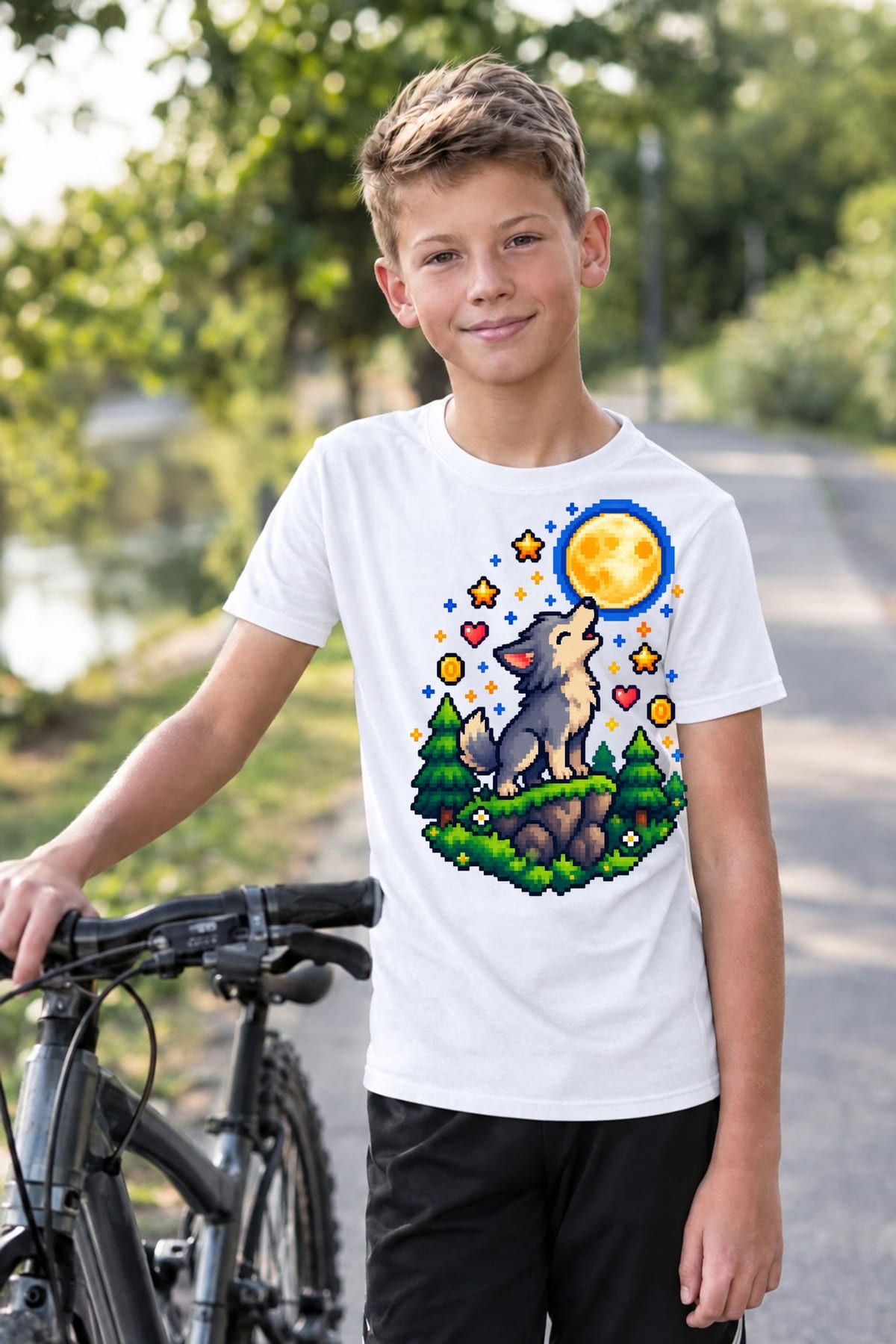 Koszulka z wilkołakiem pixel art dla chłopca biała dla dzieci, zdjęcie 7