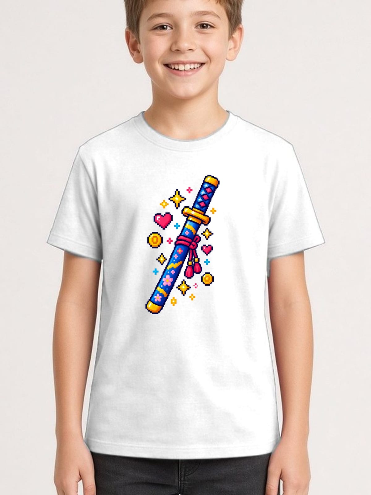Koszulka z kataną pixel art dla chłopca biała pixel art retro, zdjęcie 1