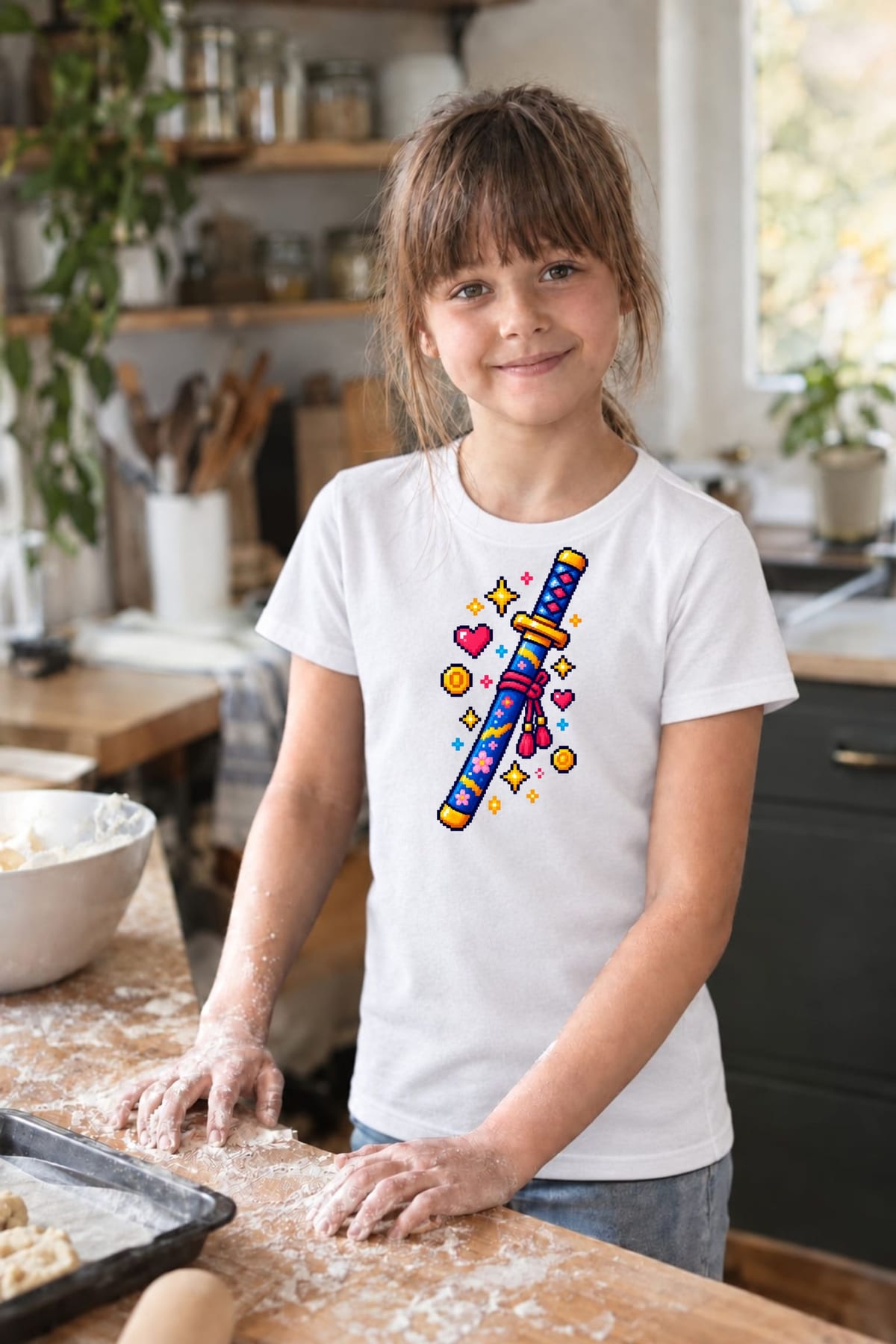 Koszulka z kataną pixel art dla dziewczynki biała retro, zdjęcie 7