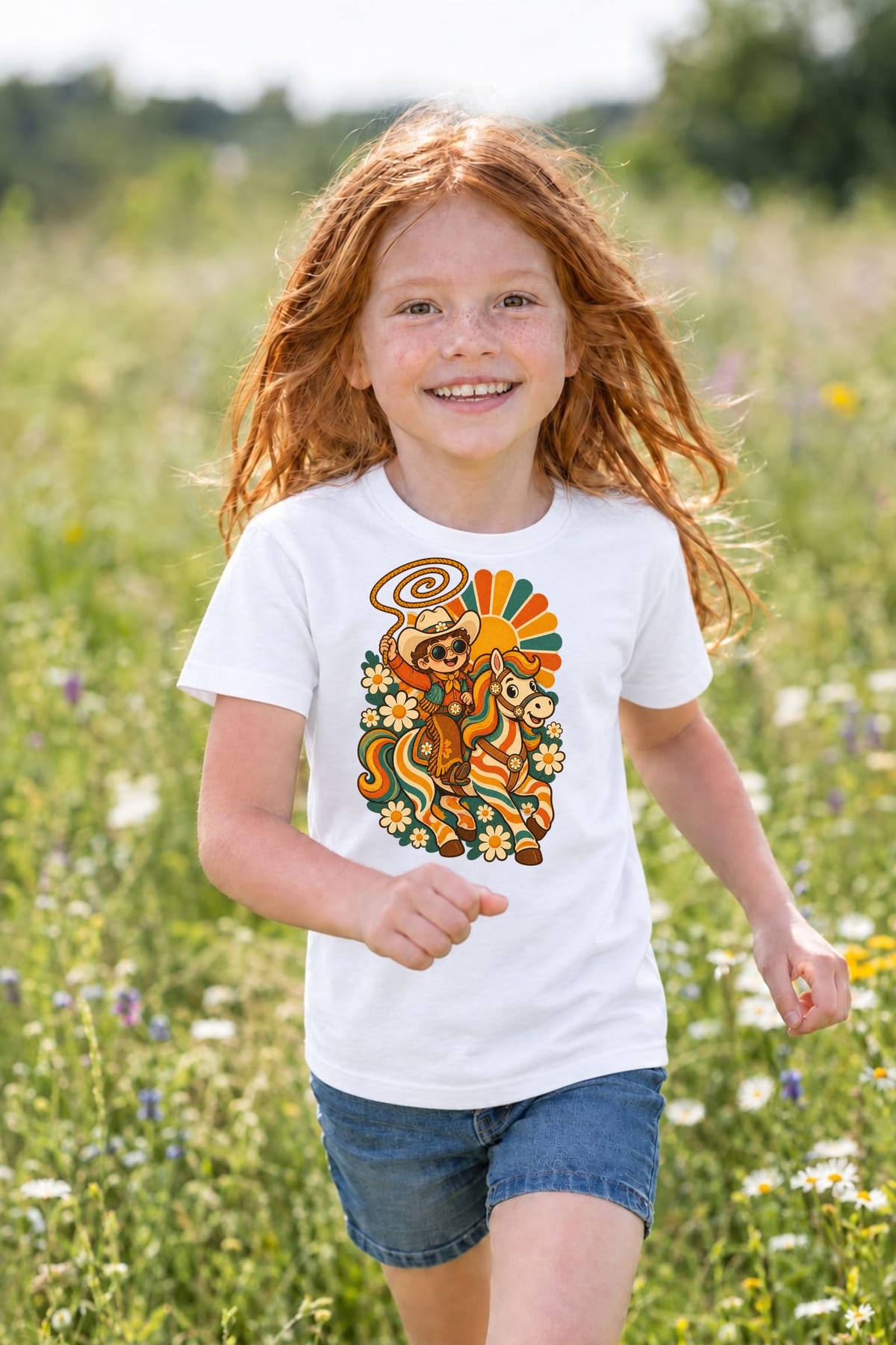 Koszulka z kowbojem w stylu retro dla dziewczynki biała lata 70, zdjęcie 7