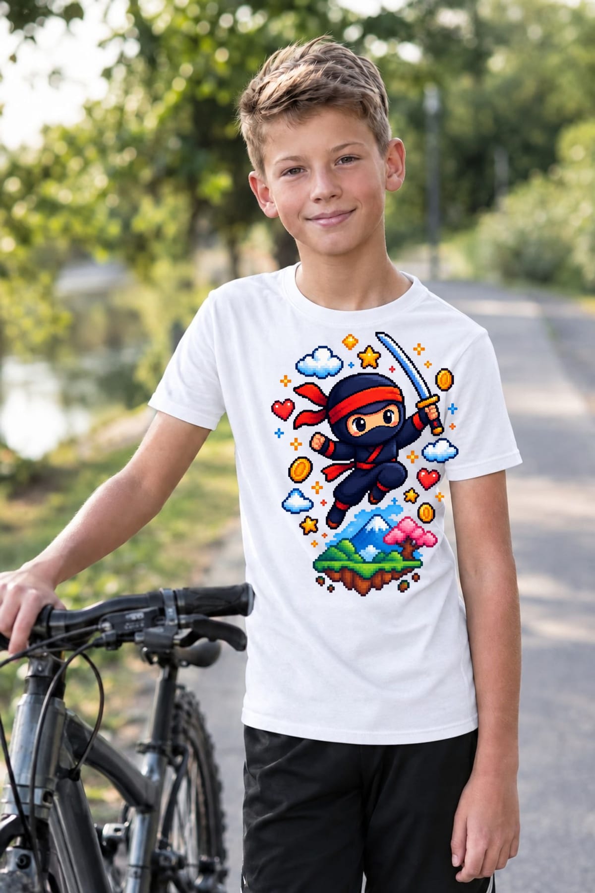 Koszulka z ninja pixel art dla chłopca biała retro, zdjęcie 3