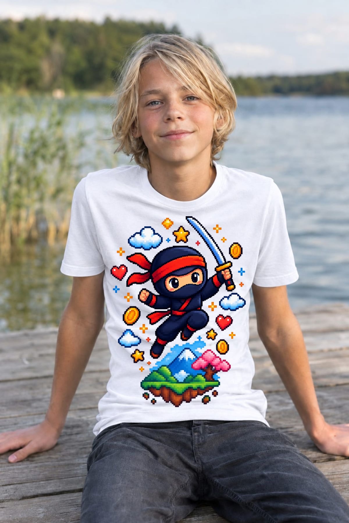 Koszulka z ninja pixel art dla chłopca biała retro, zdjęcie 4