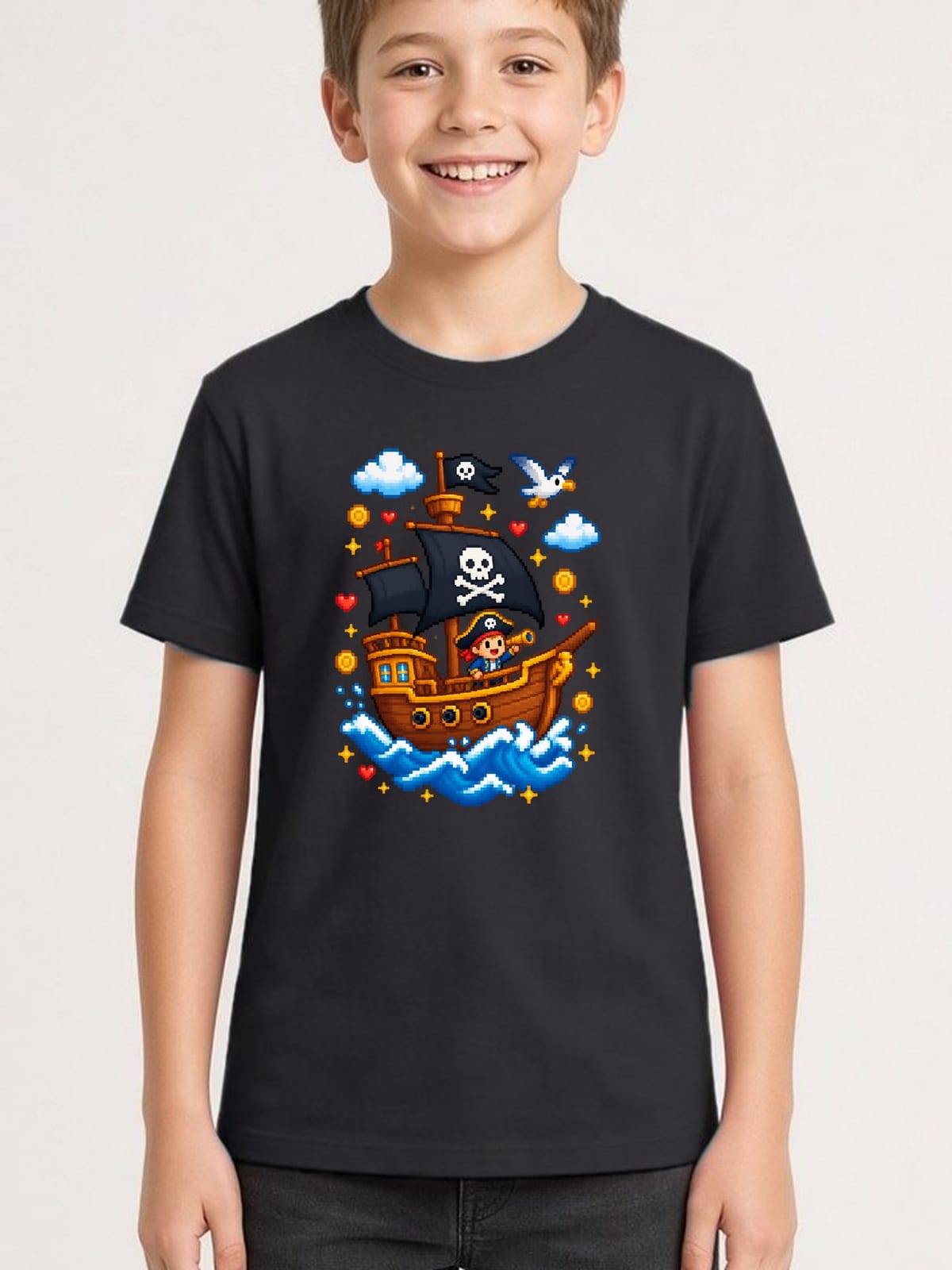Koszulka ze statkiem pirackim dla chłopca czarna pixel art w klockach, zdjęcie 1