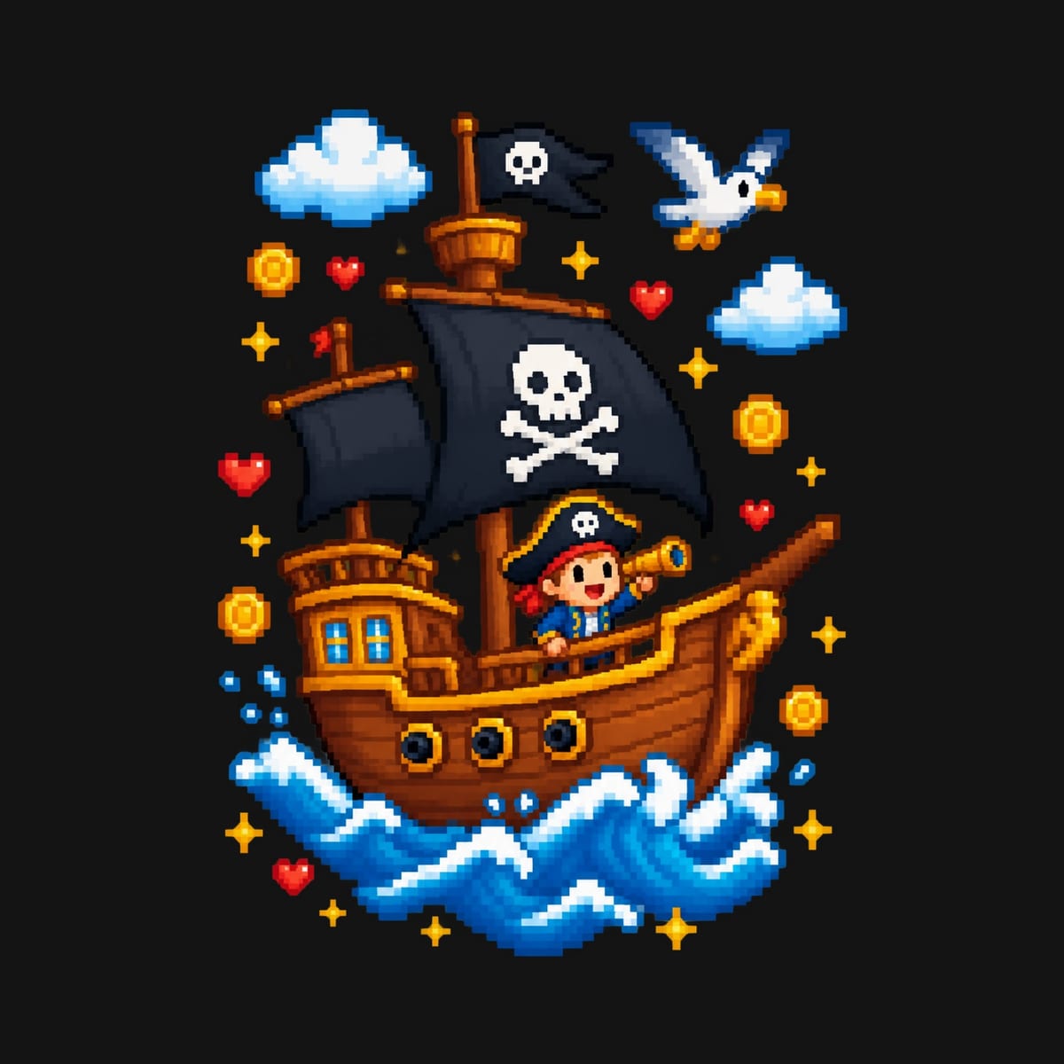 Koszulka ze statkiem pirackim dla chłopca czarna pixel art w klockach, zdjęcie 2