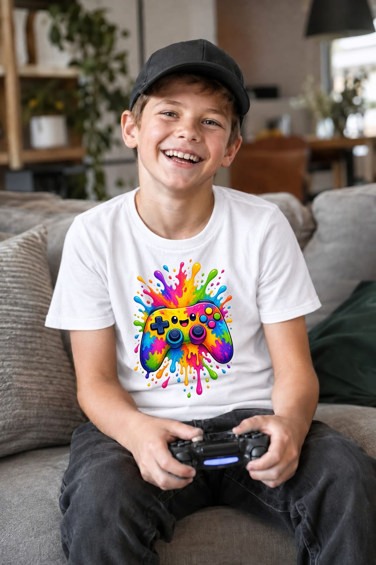 Koszulka z gamepadem kolorowa dla chłopca biała z kolorowych plam, zdjęcie 6