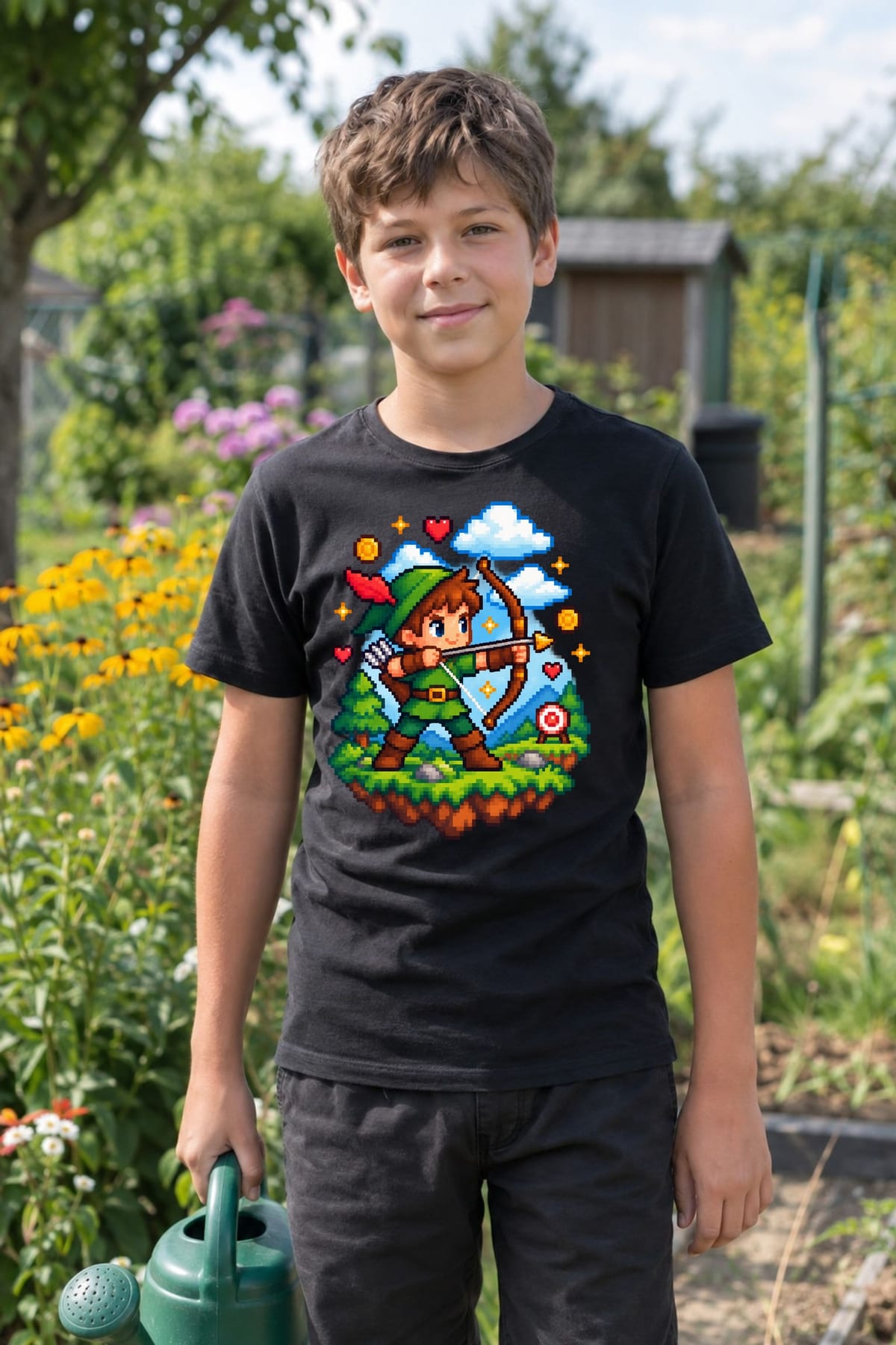 Koszulka z łucznikiem pixel art dla chłopca czarna retro, zdjęcie 4
