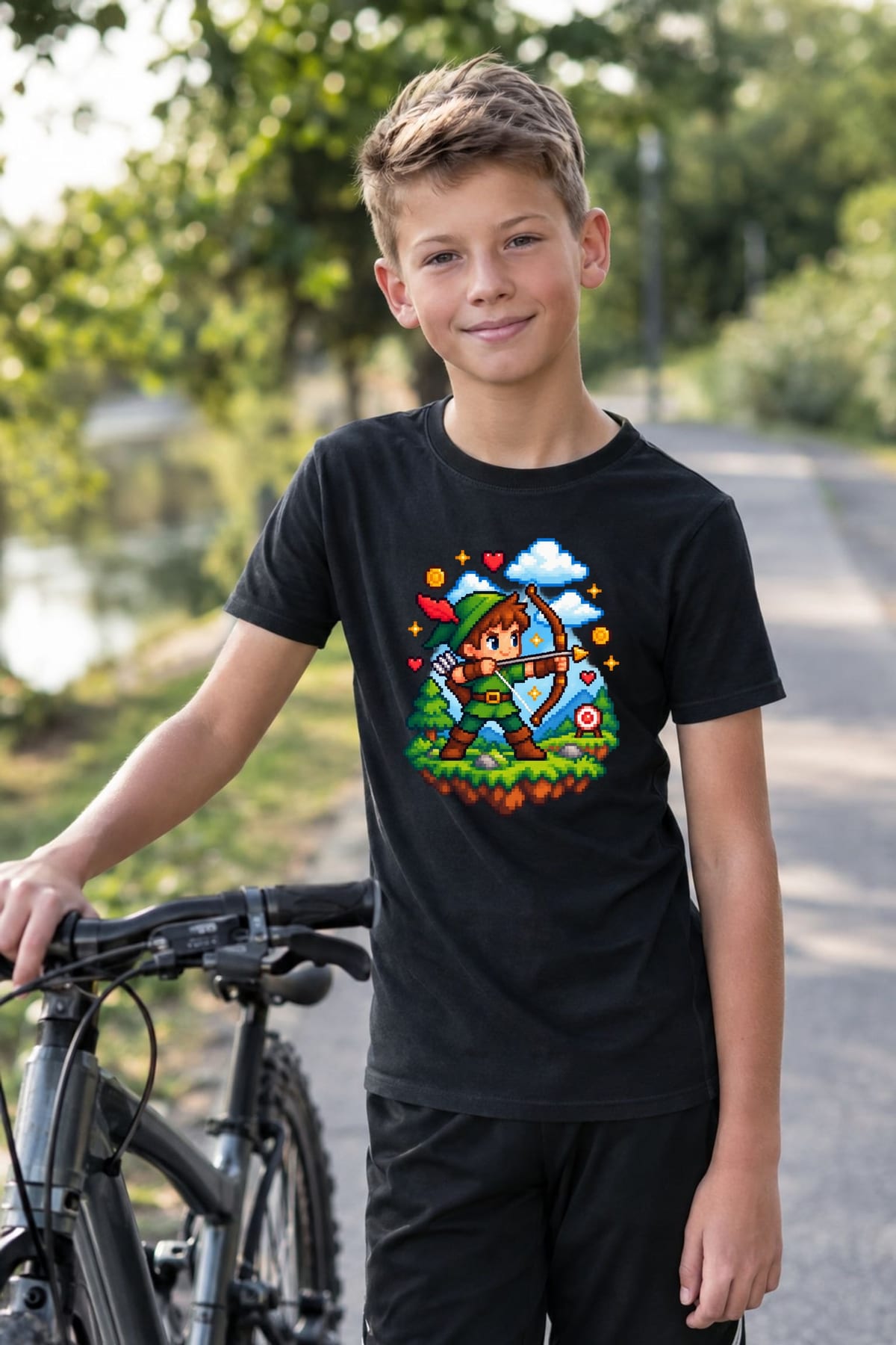 Koszulka z łucznikiem pixel art dla chłopca czarna retro, zdjęcie 8
