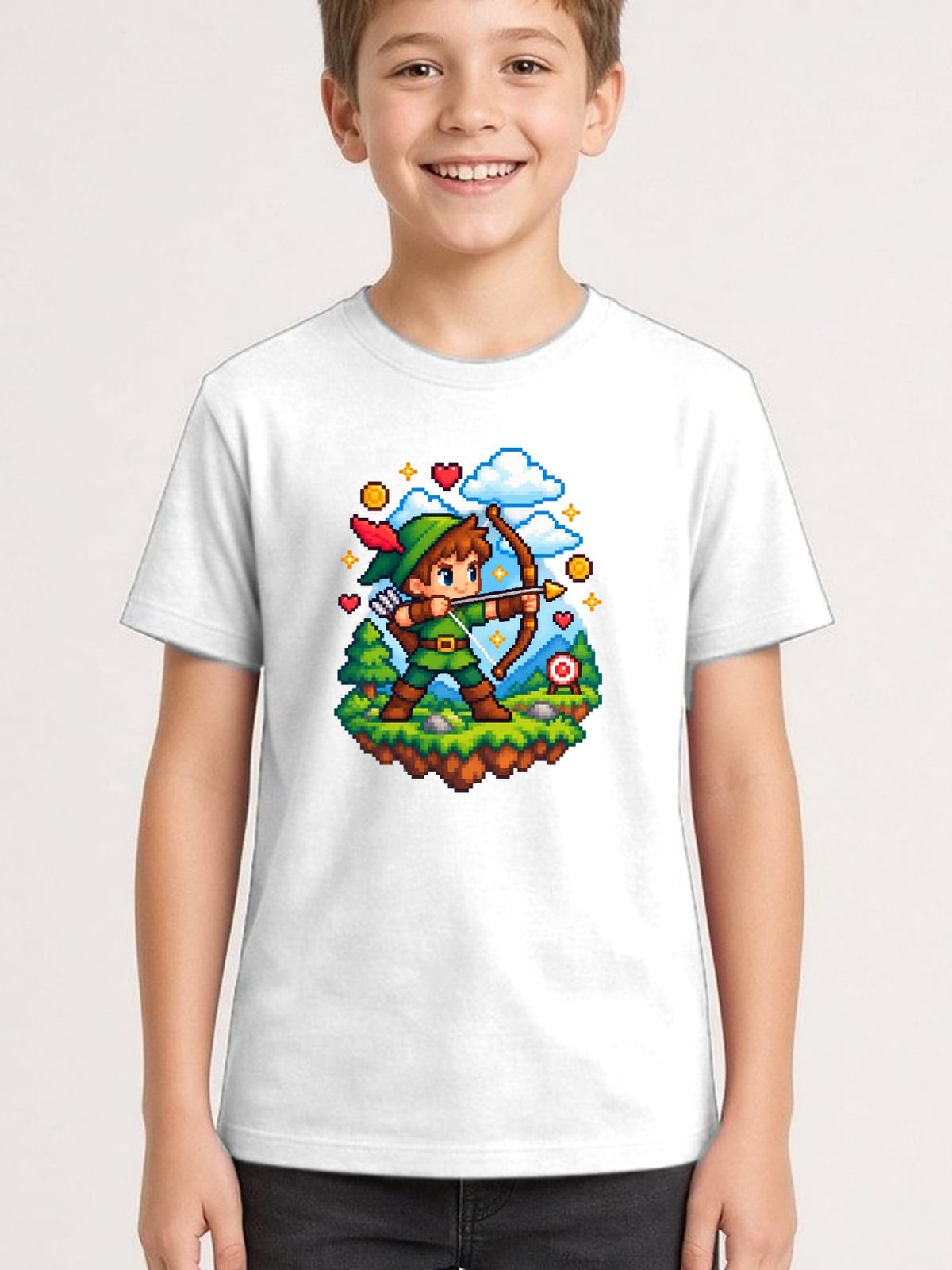 Koszulka z łucznikiem pixel art dla chłopca biała retro, zdjęcie 1