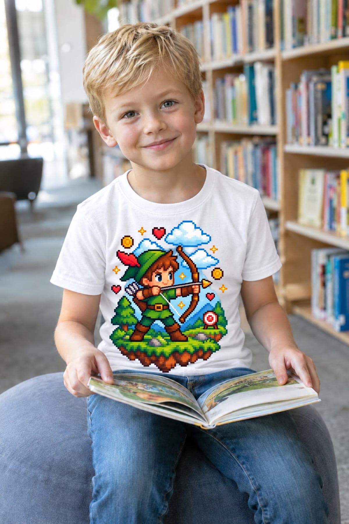 Koszulka z łucznikiem pixel art dla chłopca biała retro, zdjęcie 5