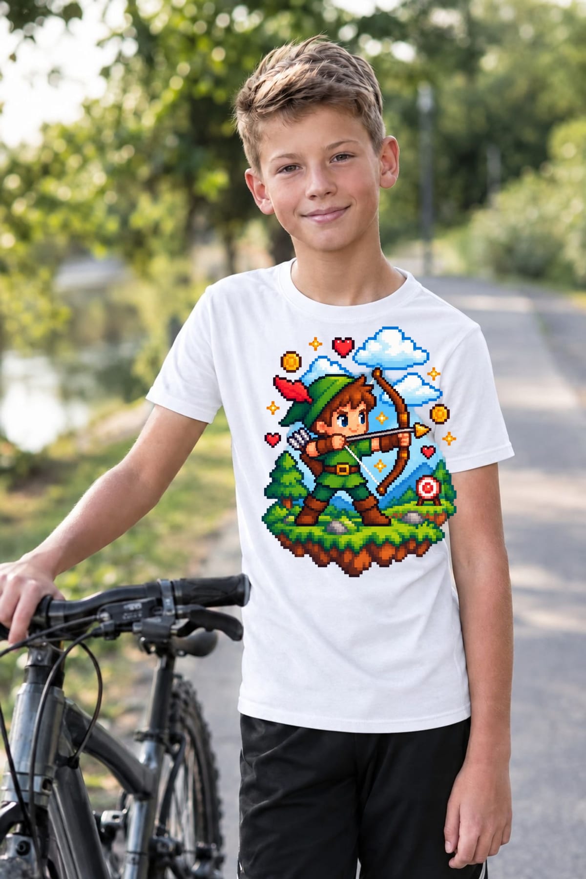 Koszulka z łucznikiem pixel art dla chłopca biała retro, zdjęcie 7
