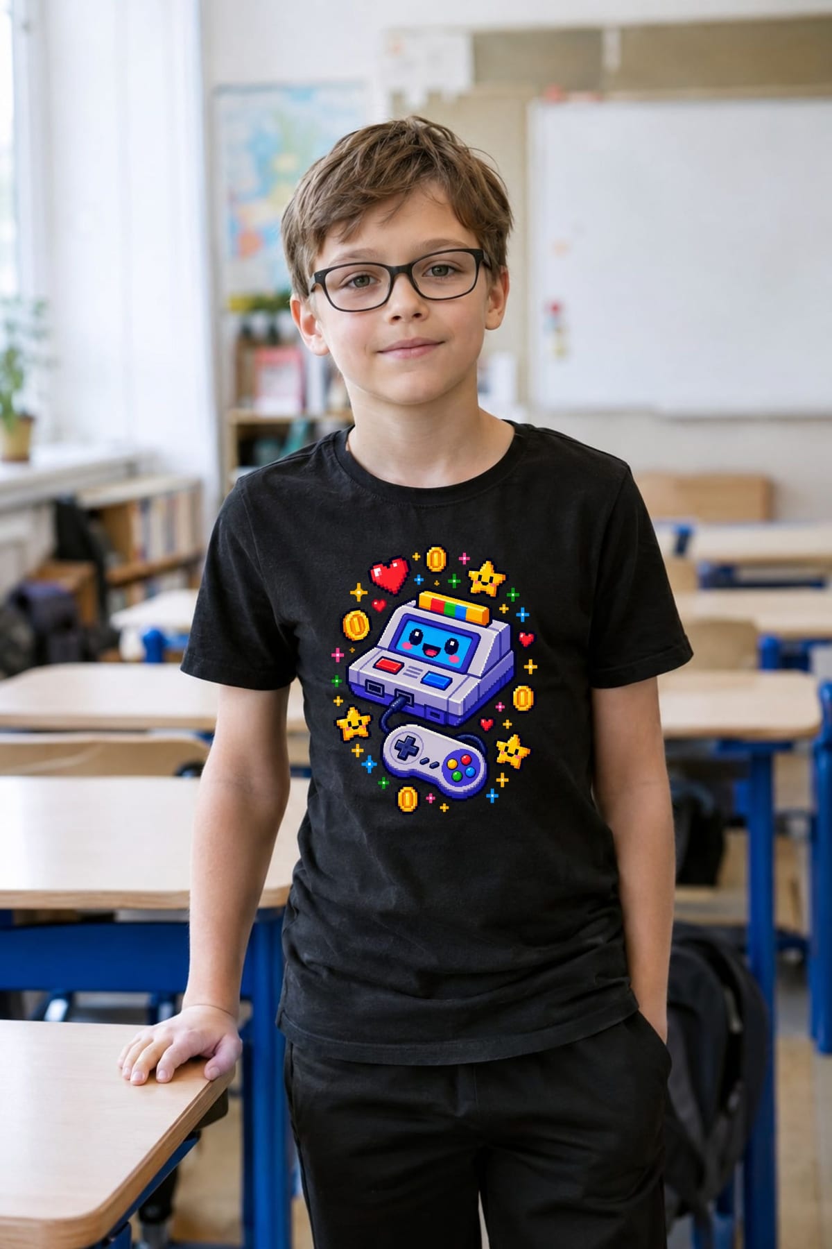 Koszulka z konsolą dla chłopca czarna pixel art w stylu retro gier, zdjęcie 8