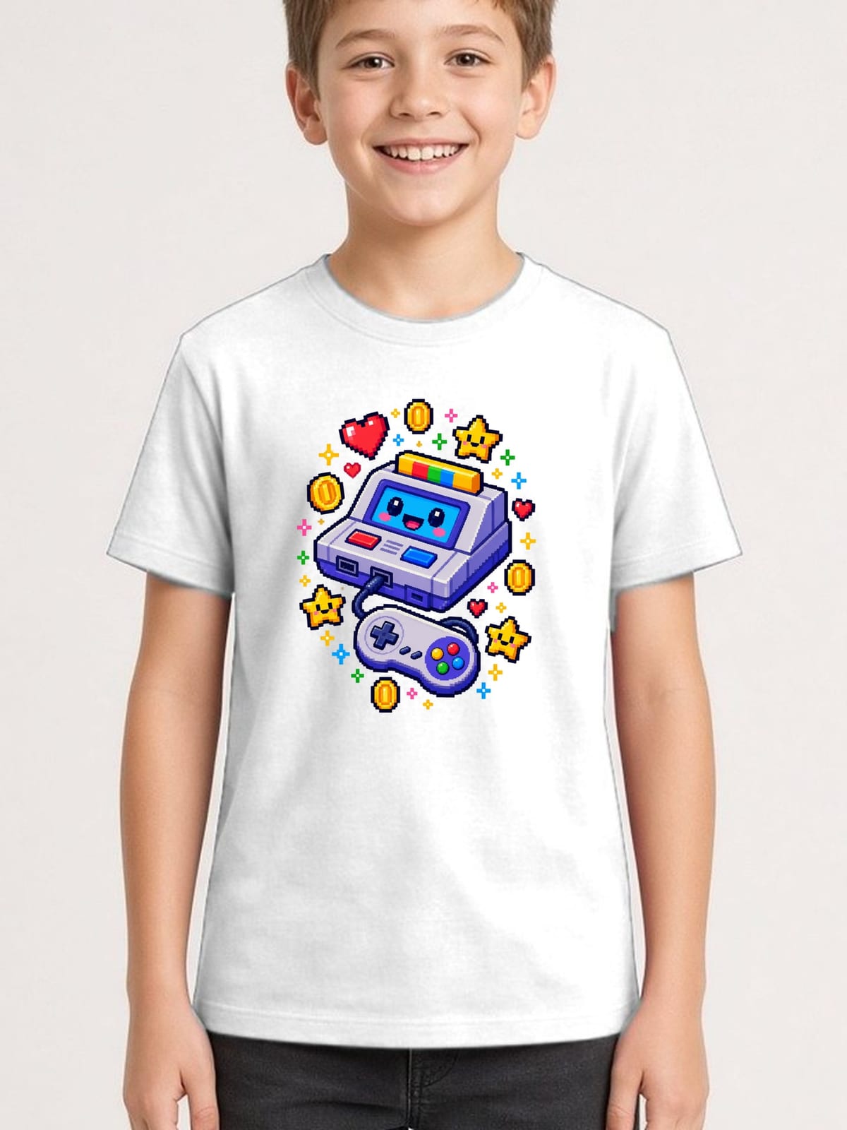 Koszulka z konsolą dla chłopca biała pixel art w stylu retro gier, zdjęcie 1