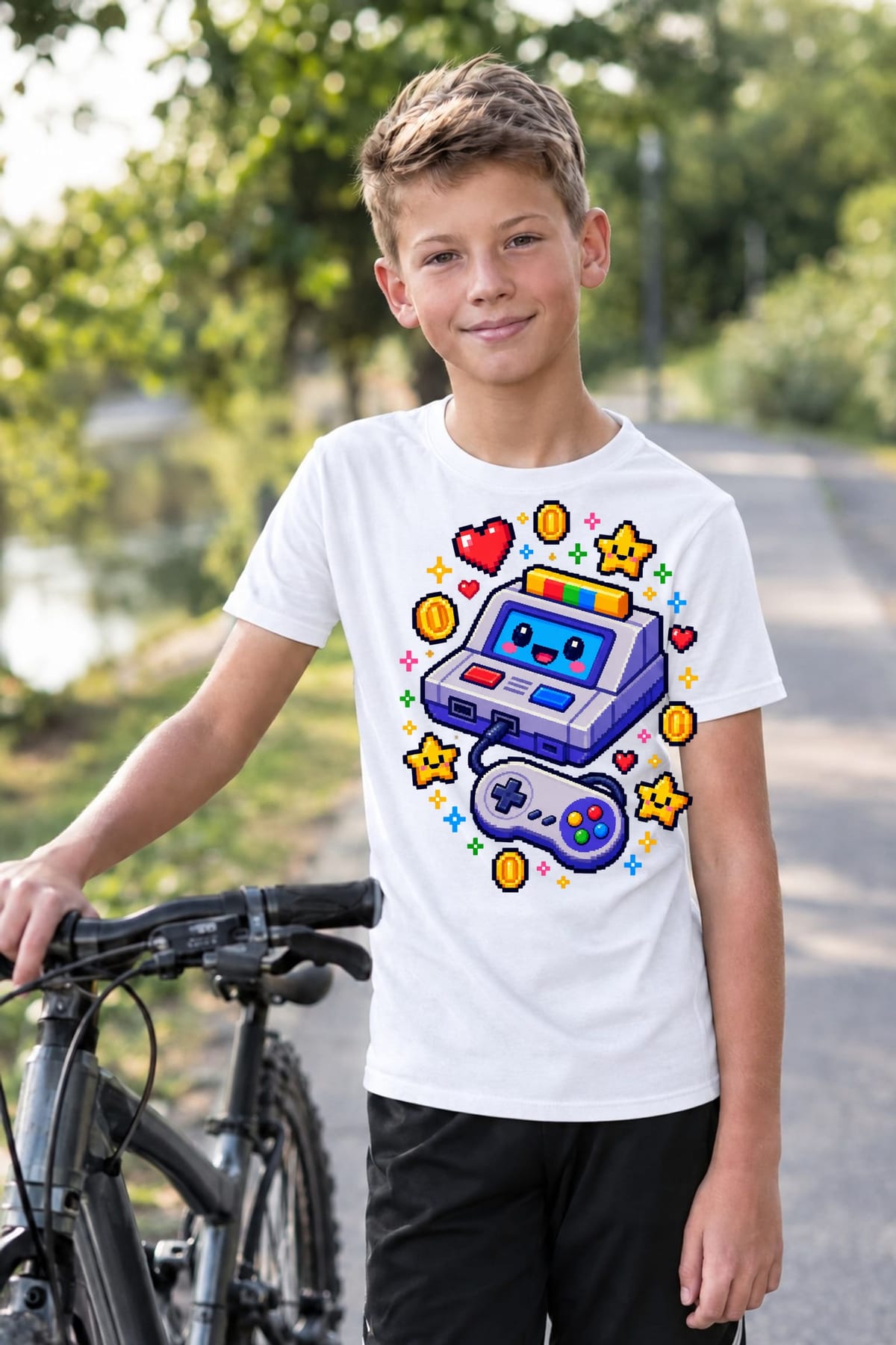 Koszulka z konsolą dla chłopca biała pixel art w stylu retro gier, zdjęcie 4