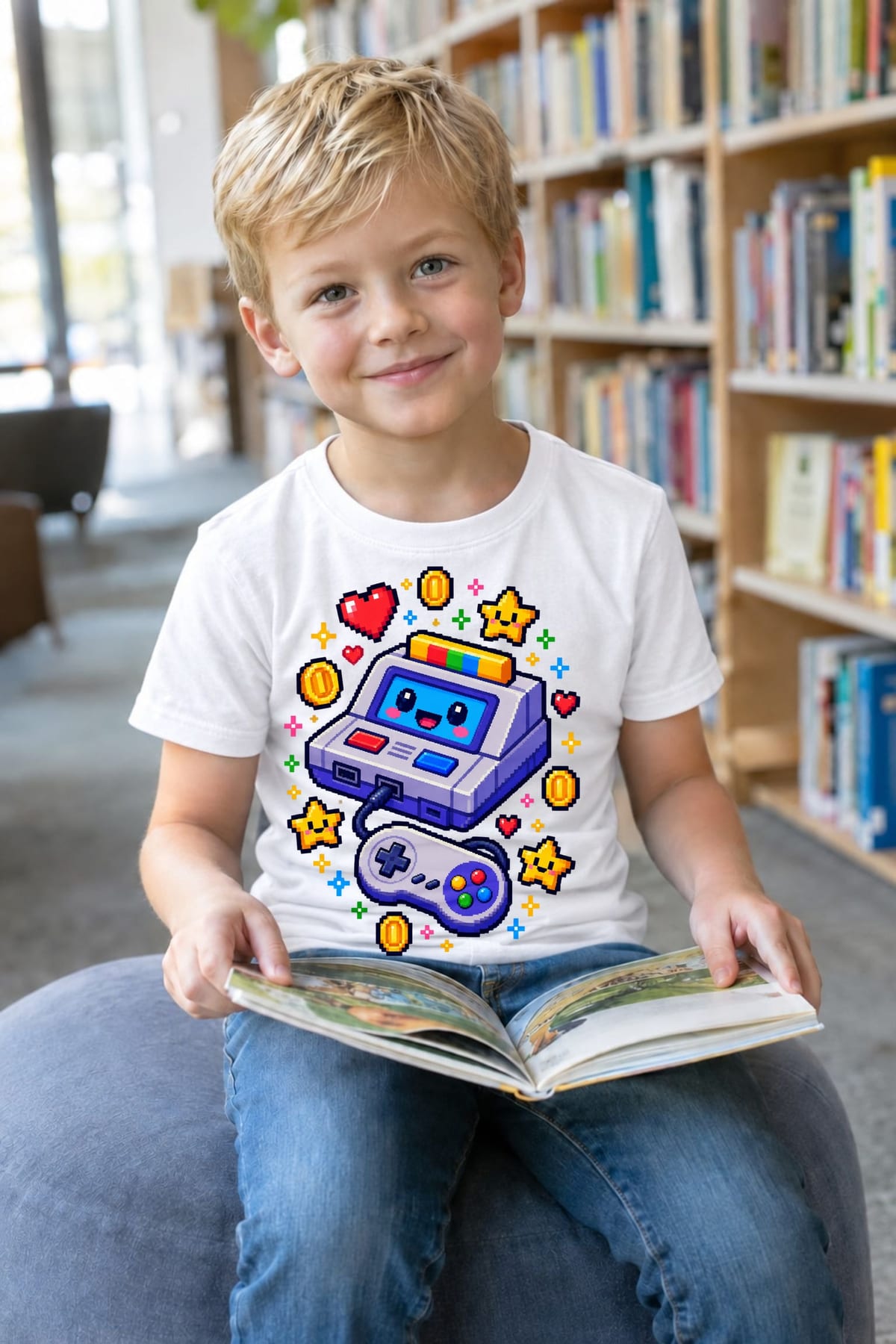 Koszulka z konsolą dla chłopca biała pixel art w stylu retro gier, zdjęcie 7