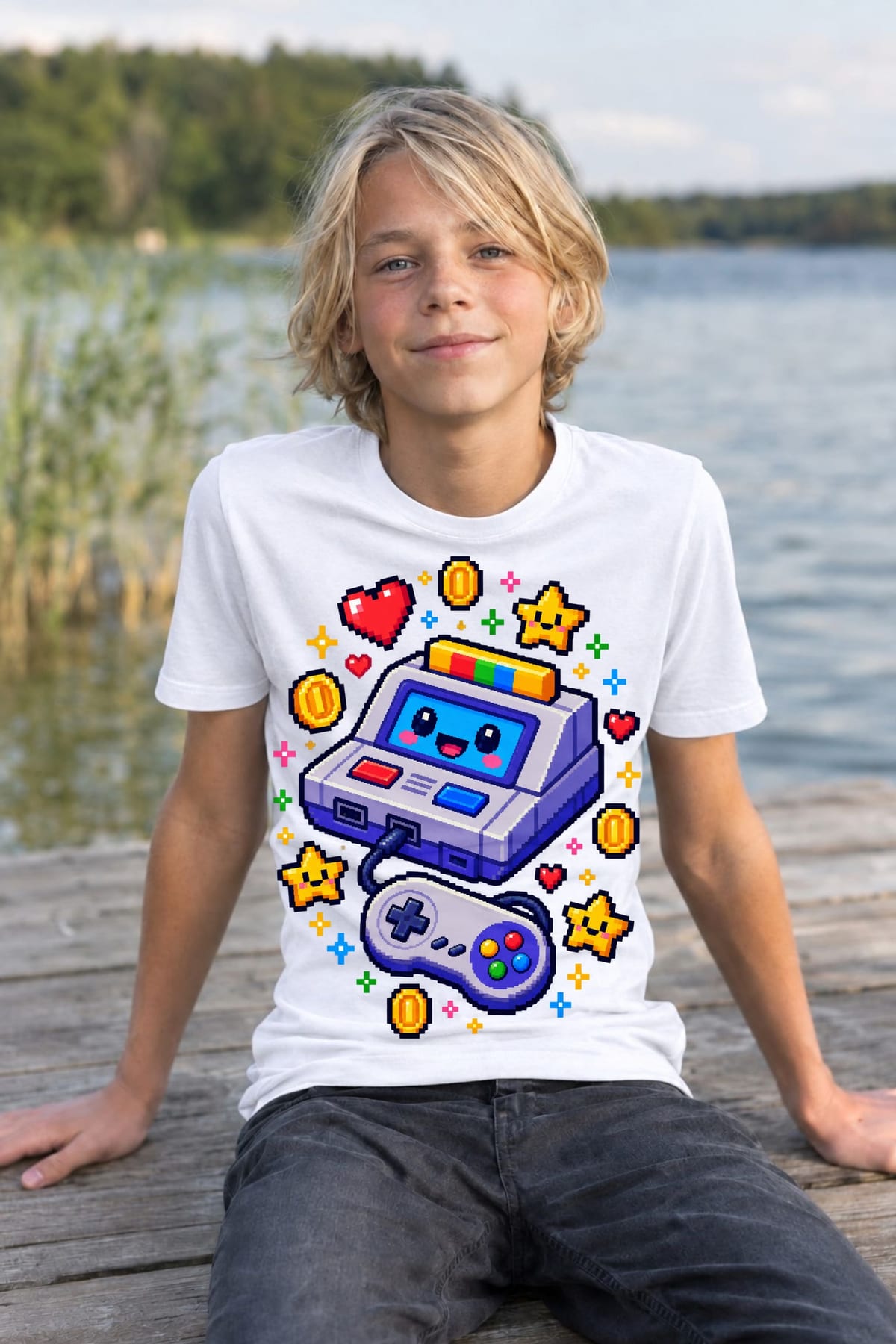 Koszulka z konsolą dla chłopca biała pixel art w stylu retro gier, zdjęcie 8