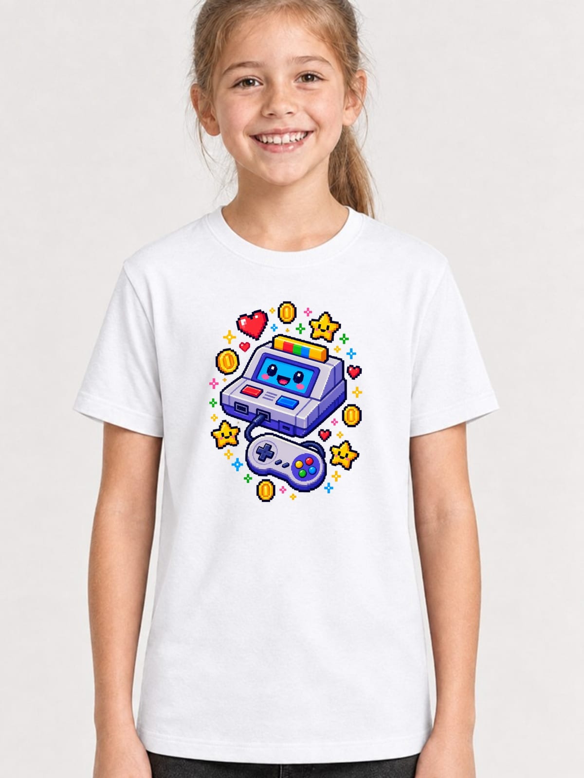 Koszulka z konsolą dla dziewczynki biała pixel art w stylu retro gier, zdjęcie 1