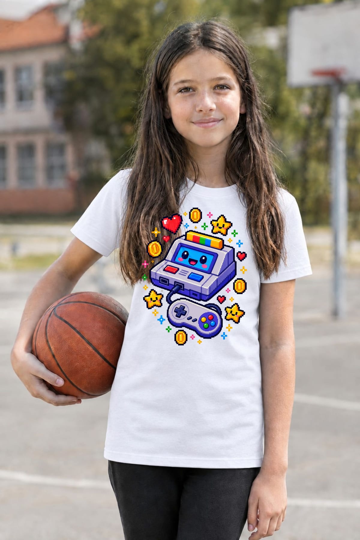 Koszulka z konsolą dla dziewczynki biała pixel art w stylu retro gier, zdjęcie 7
